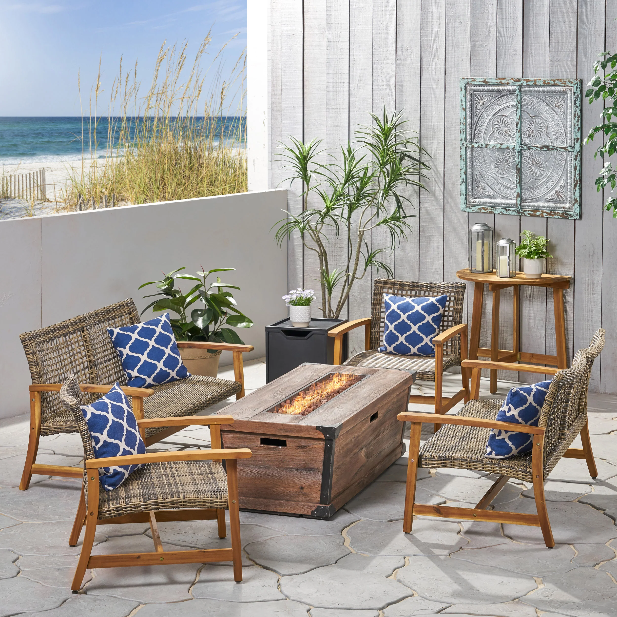 Levant Outdoor 6-Seater Wood and Wicker Chat Set with Fire Pit - furnishings