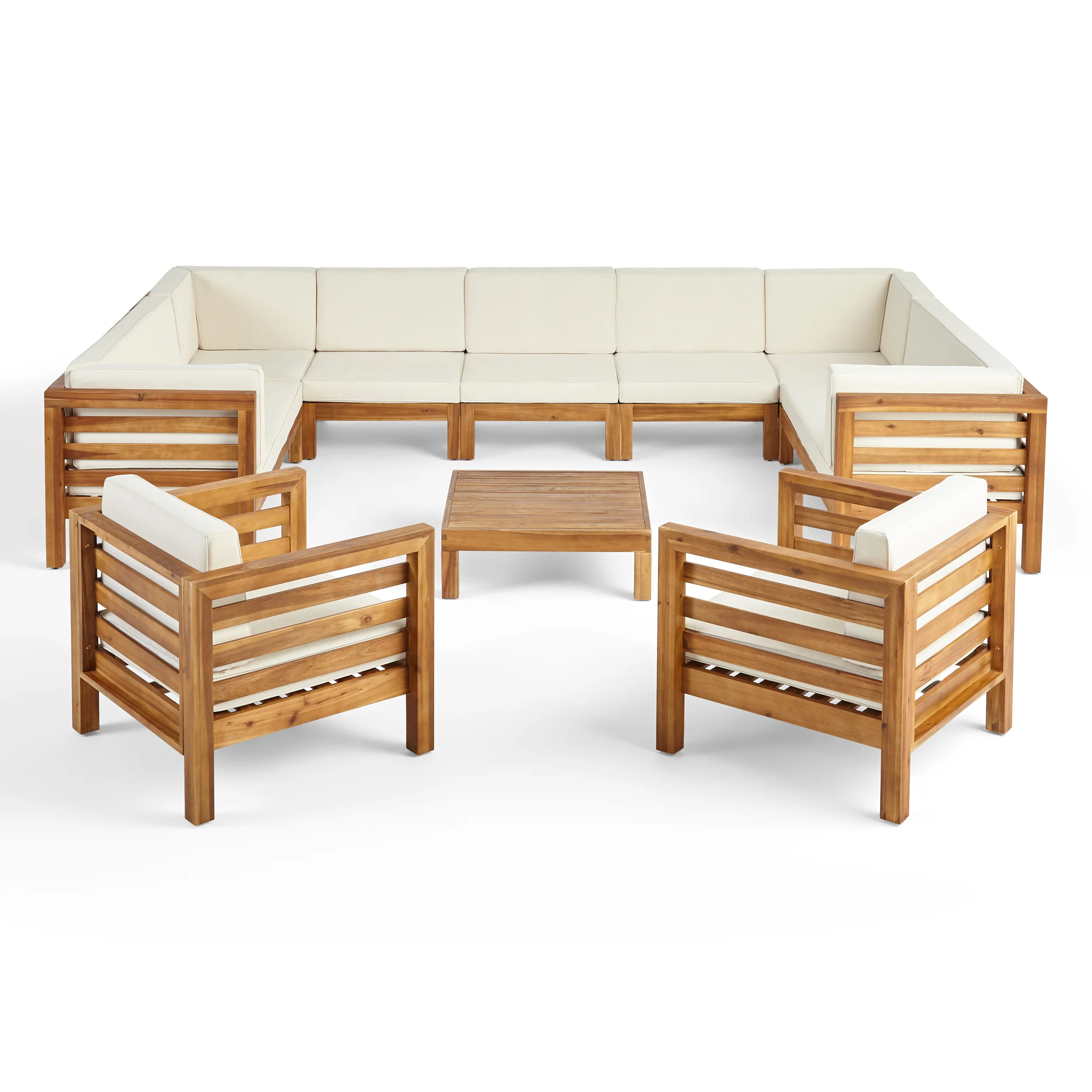 Emma Outdoor 11 Seater Acacia Wood Sectional Sofa and Club Chair Set - furnishings