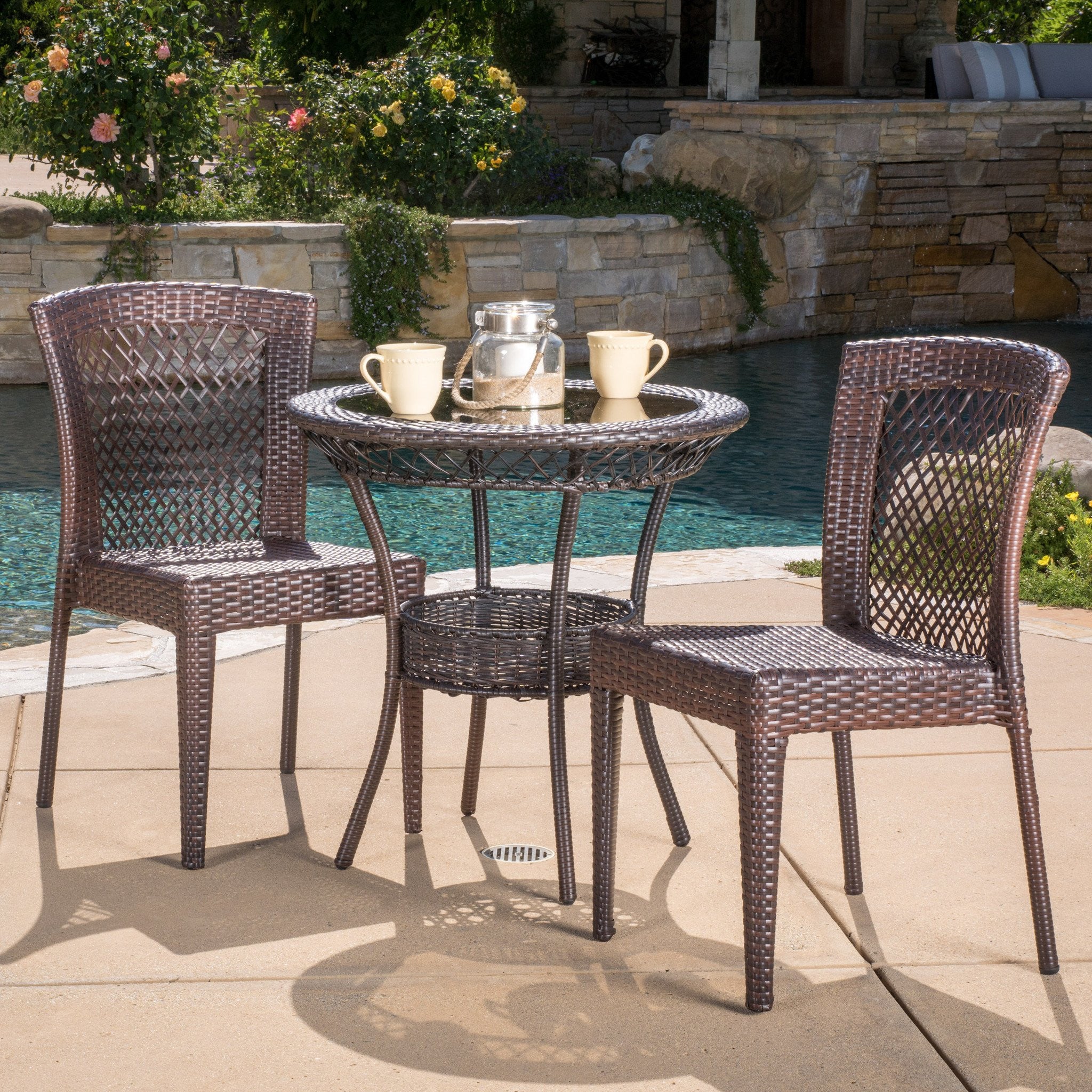 Dana Outdoor 3-Piece Multi-Brown Wicker Bistro Set with Tempered Glass Top - furnishings
