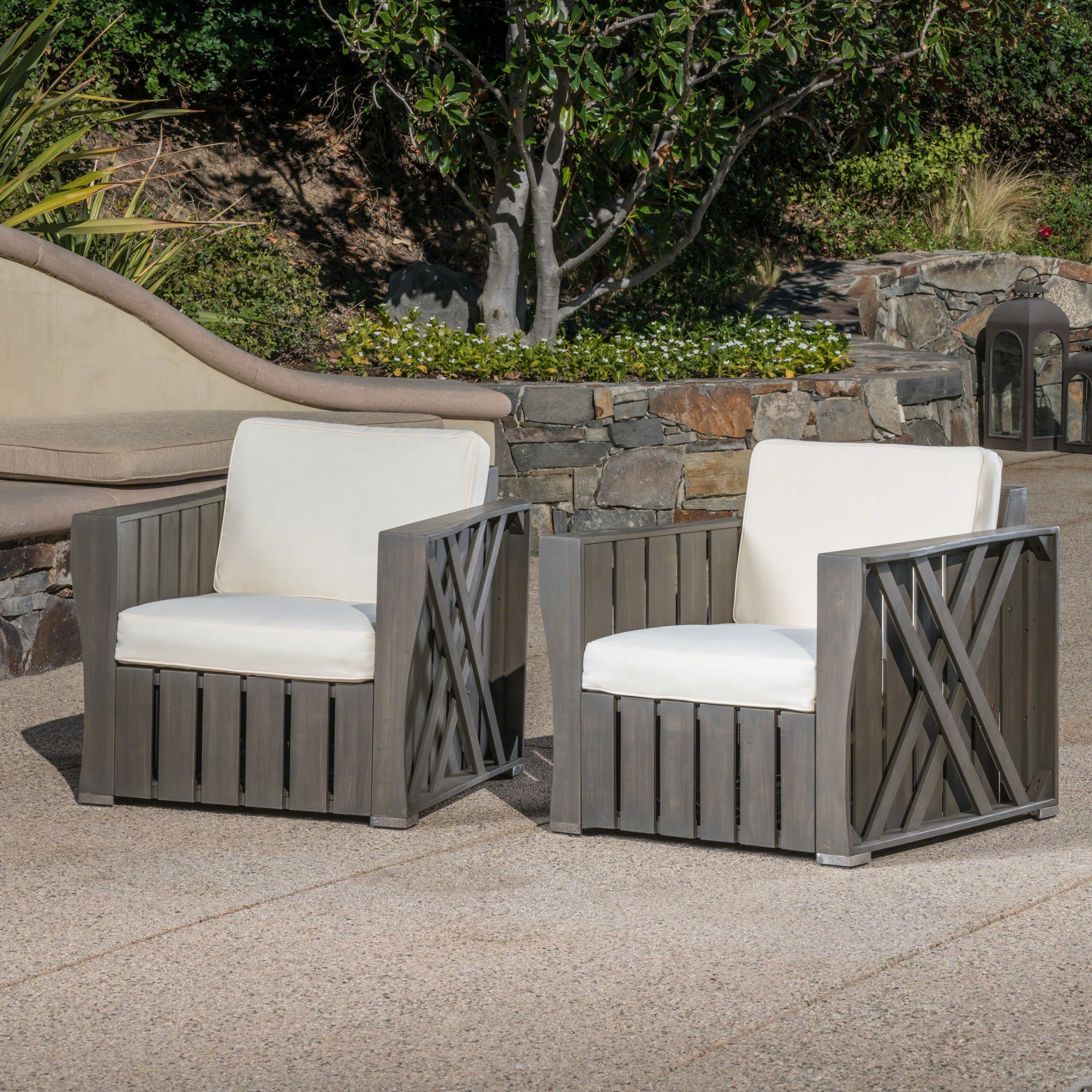 Edward Outdoor Acacia Wood Club Chairs with Water Resistant Cushions (Set of 2) - furnishings