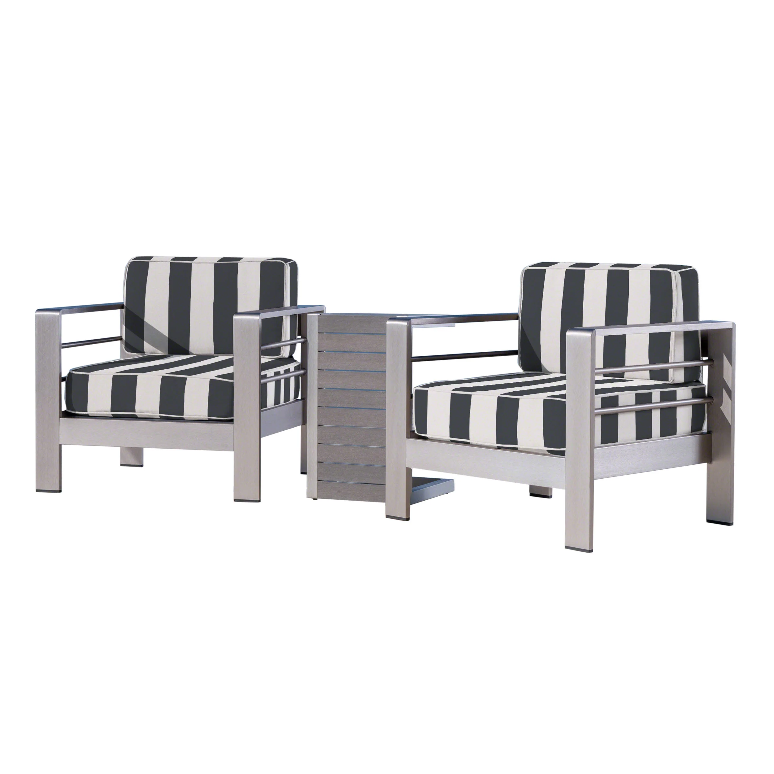 Parrish Coral Outdoor Aluminum Club Chairs and Faux Wood Side Table Set with Cushions, Silver and Cabana Classic Sunbrella (Optional Sunbrella Cushions) - furnishings