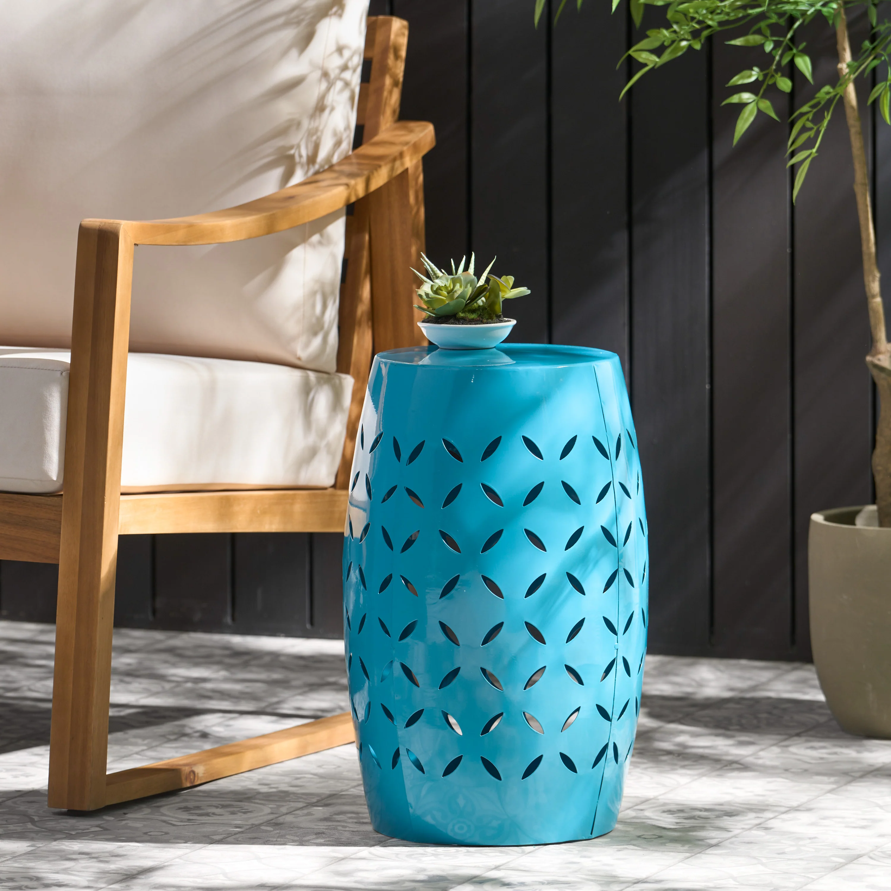 Lilly Outdoor Modern 12-Inch Criss-Cross Cut Metal Barrel Side Table - furnishings