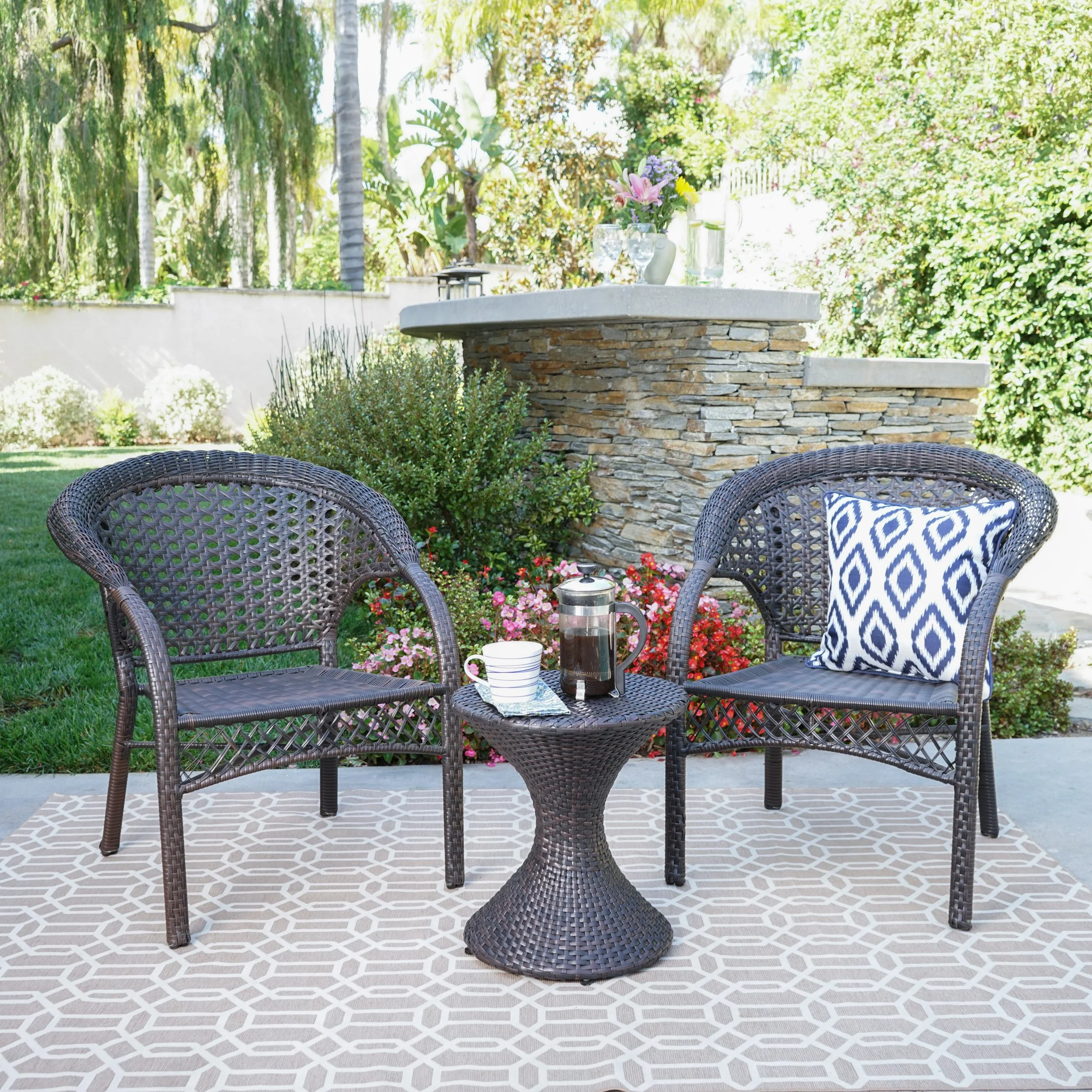 Bradley Outdoor 3 Piece Multi-Brown Wicker Chat Set with Stacking Chairs - furnishings