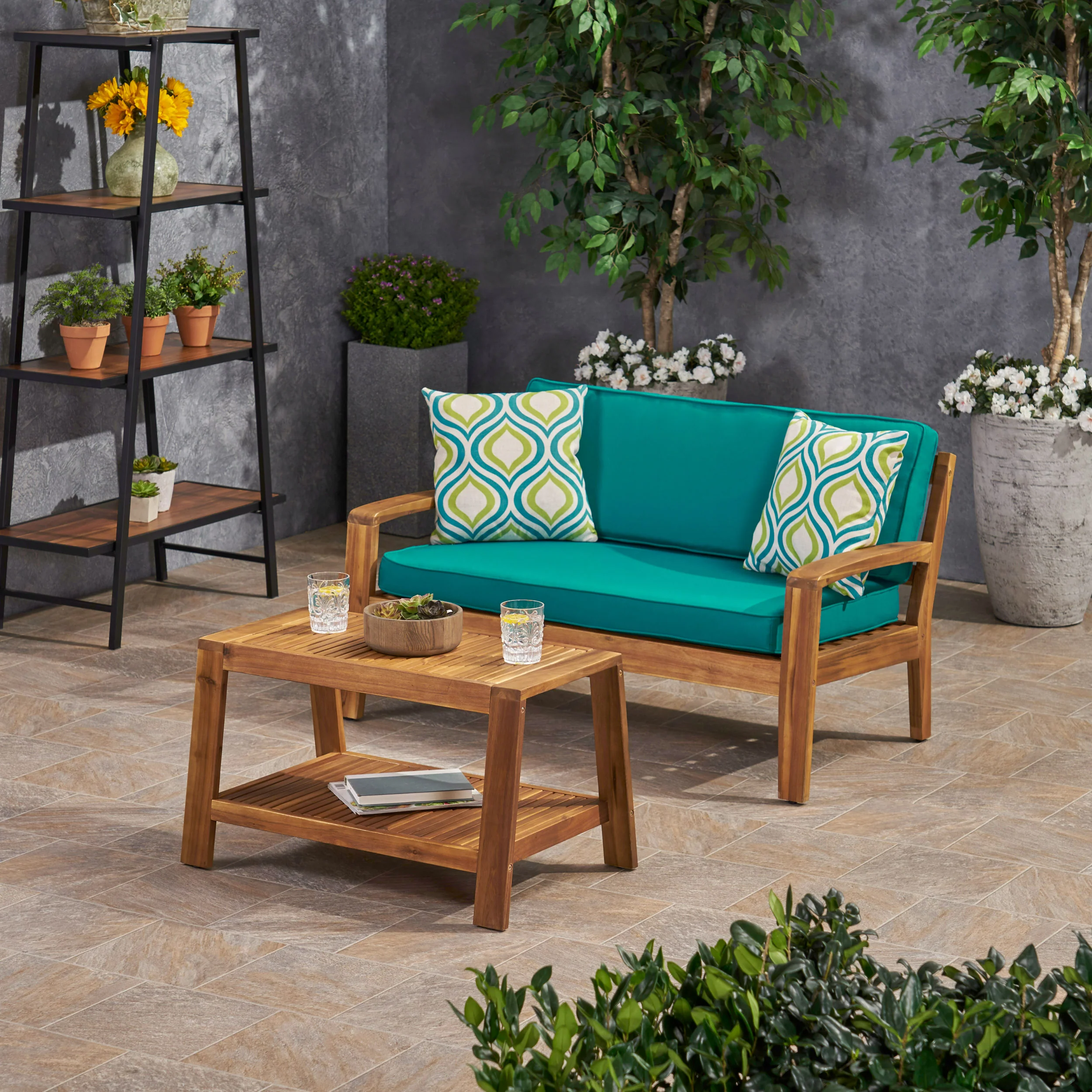 Parma Outdoor Acacia Wood Loveseat and Coffee Table Set with Sunbrella Cushions - furnishings