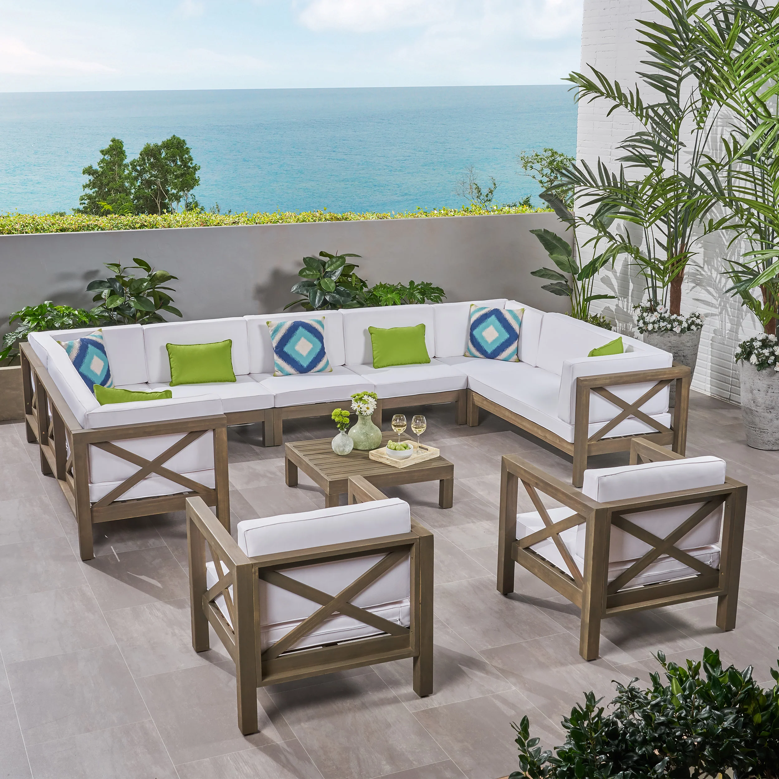 Isabella Outdoor 11 Seater Acacia Wood Sectional Sofa and Club Chair Set - furnishings