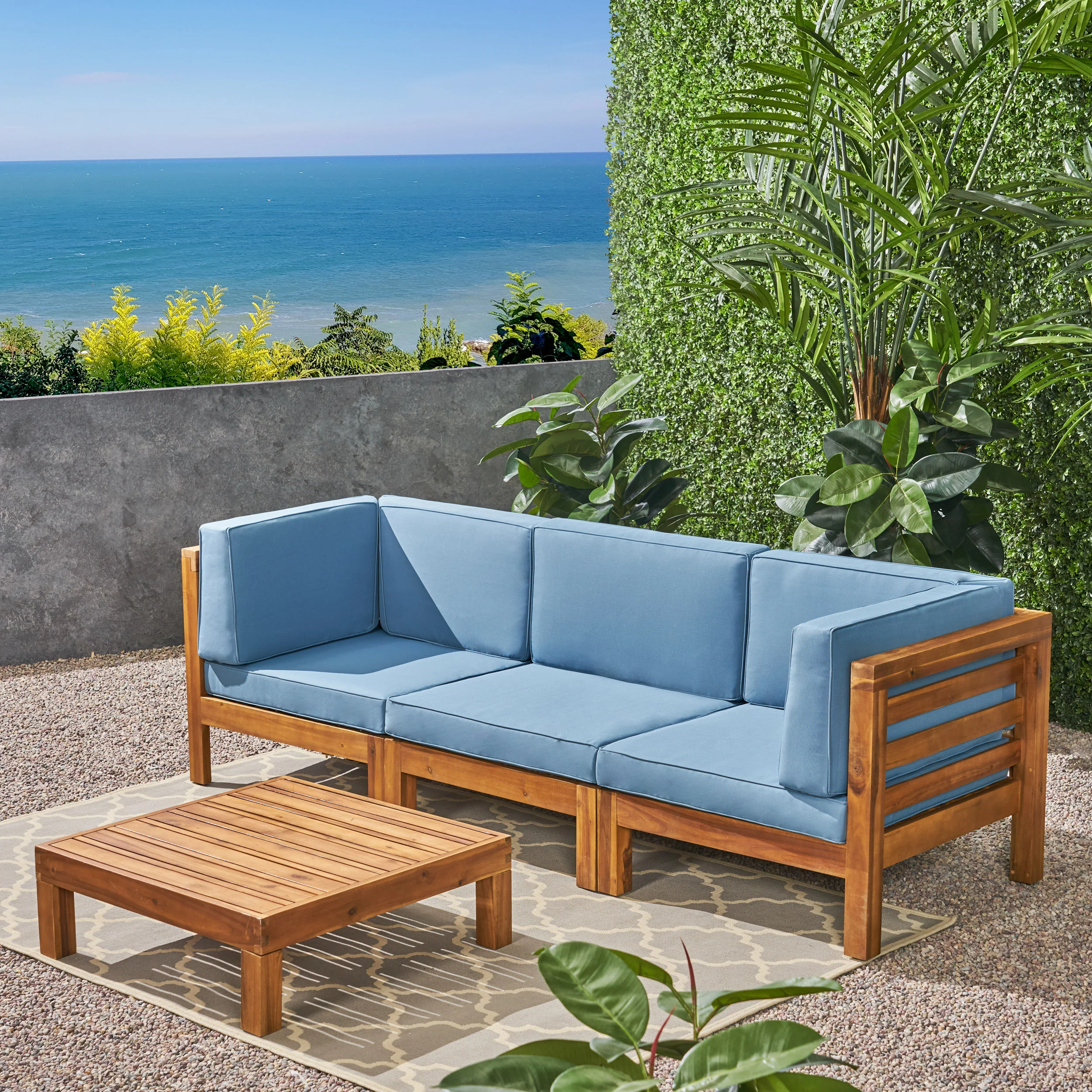 Dawson Outdoor Sectional Sofa Set with Coffee Table - 4-Piece 3-Seater - Acacia Wood - Outdoor Cushions - furnishings