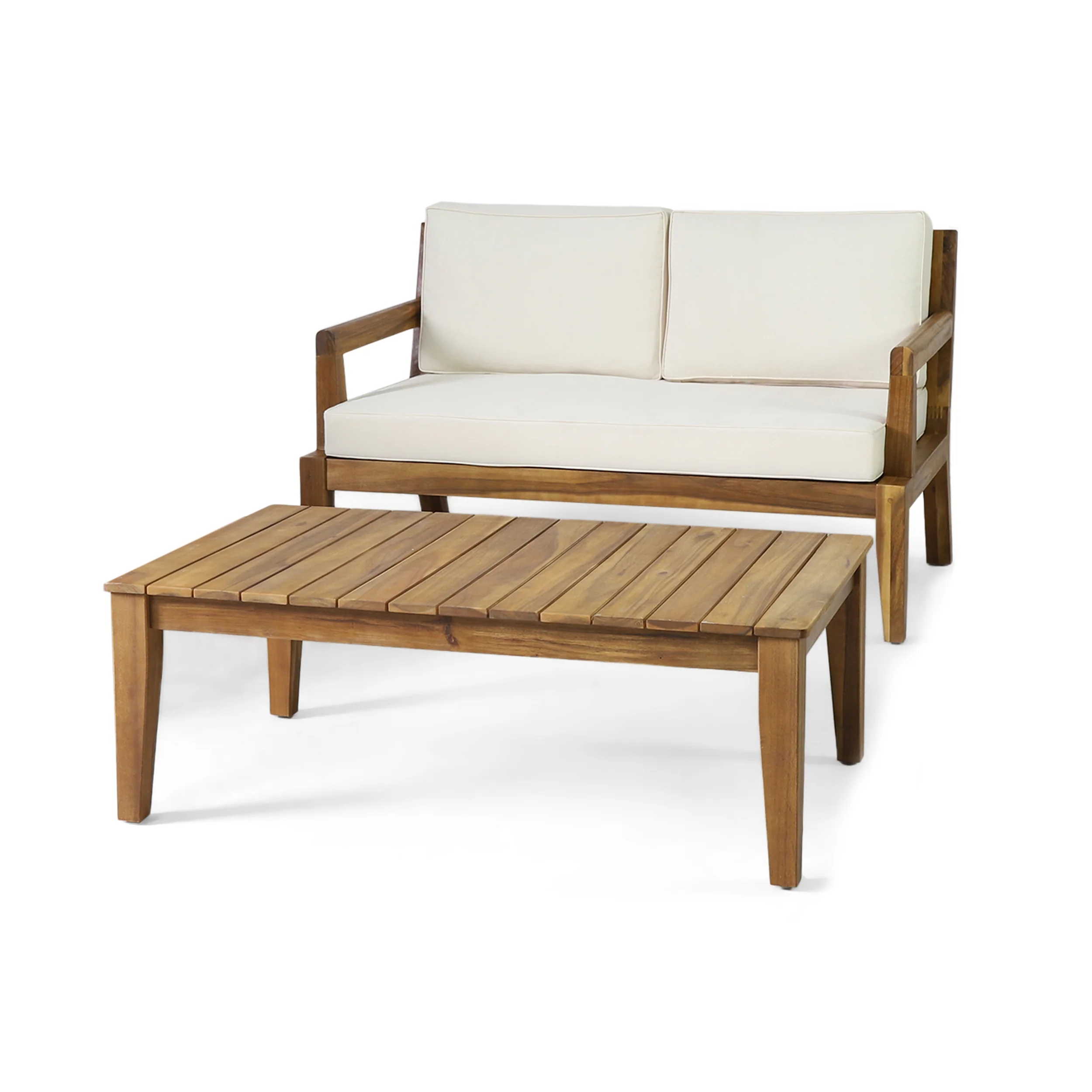 Camak Outdoor Acacia Wood Loveseat and Coffee Table Set, Teak, Beige - furnishings