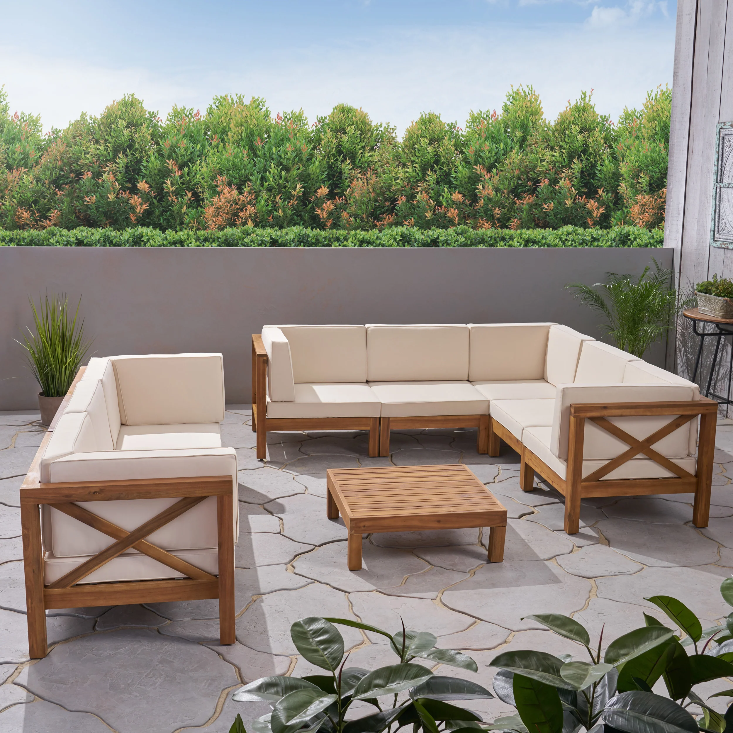 Cynthia Outdoor Acacia Wood 8 Seater Sectional Sofa Set with Coffee Table - furnishings
