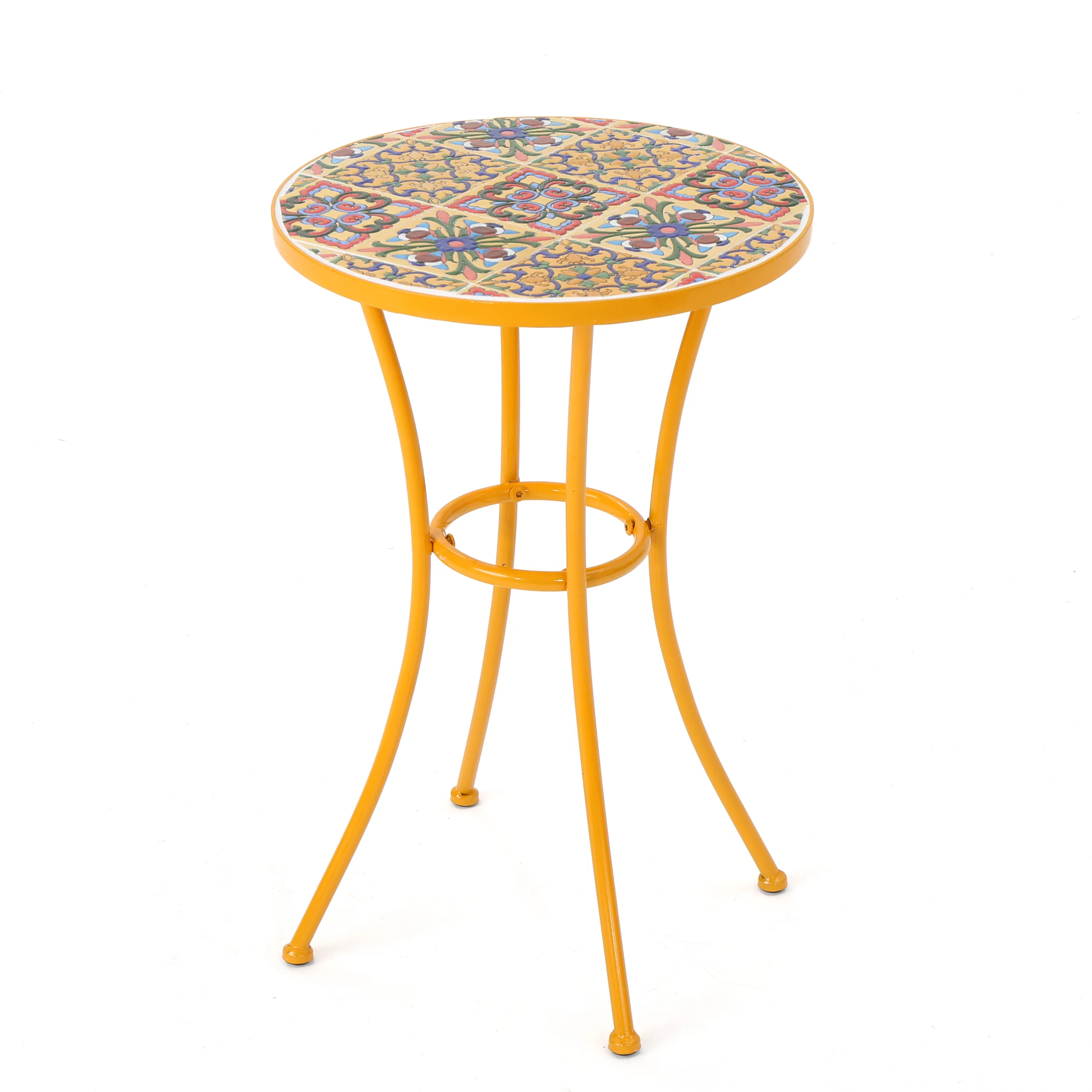 Brienne Outdoor Yellow Ceramic Tile Side Table with Iron Frame - furnishings