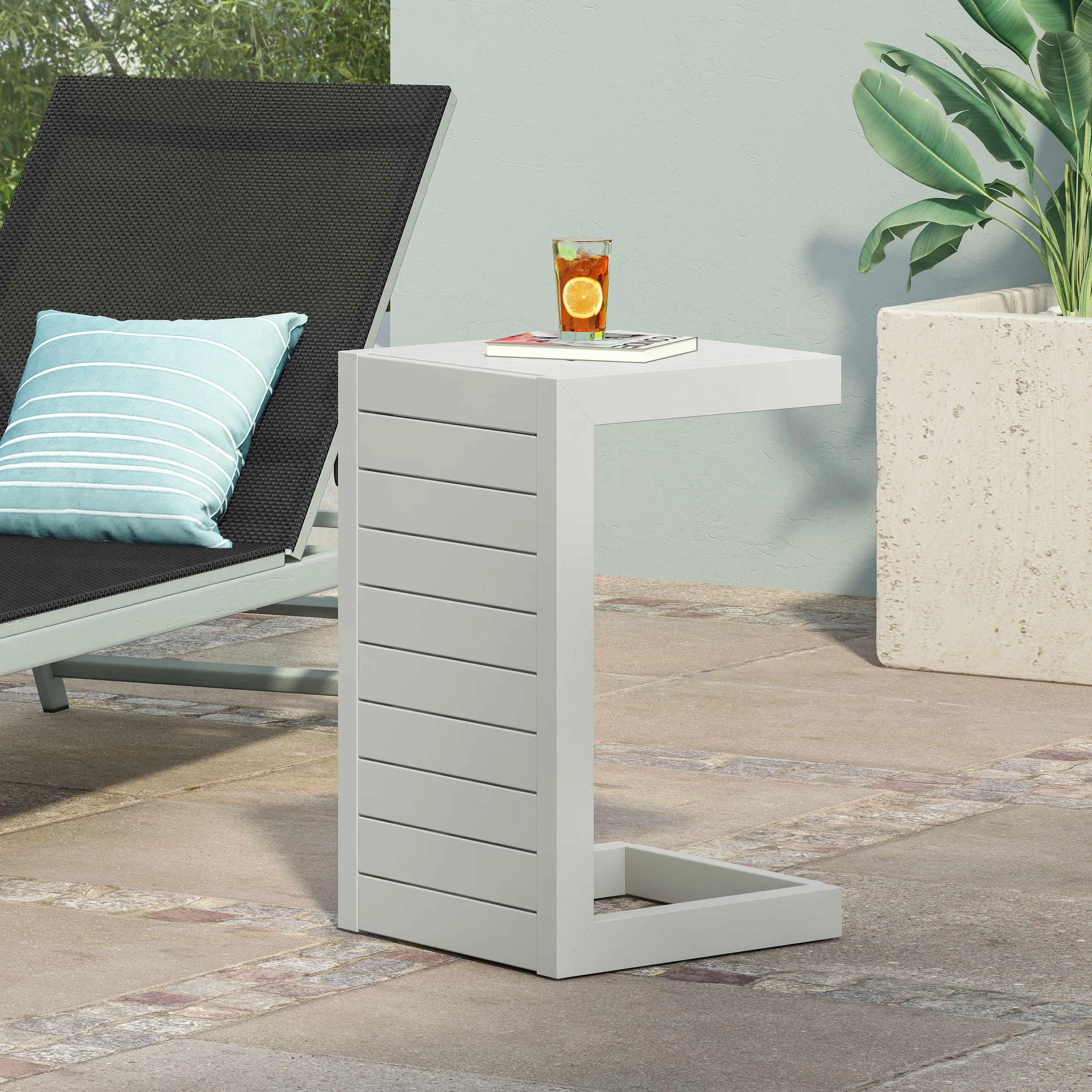 Cherie Outdoor Modern Aluminum C-Shaped End Table - furnishings