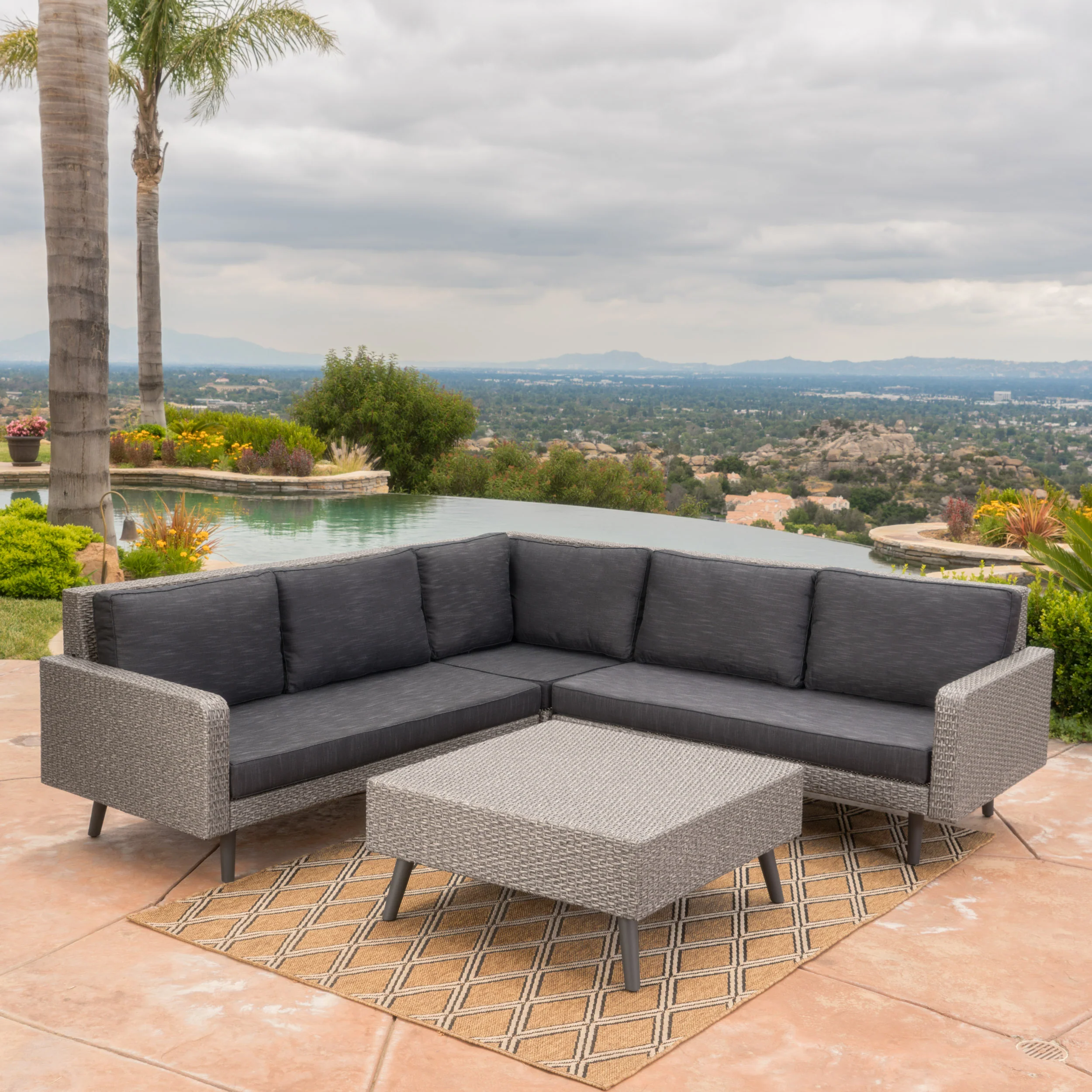 Hensley Outdoor Wicker 5 Seater Sectional Sofa Chat Set with Cushions, Mixed Black and Dark Gray - furnishings