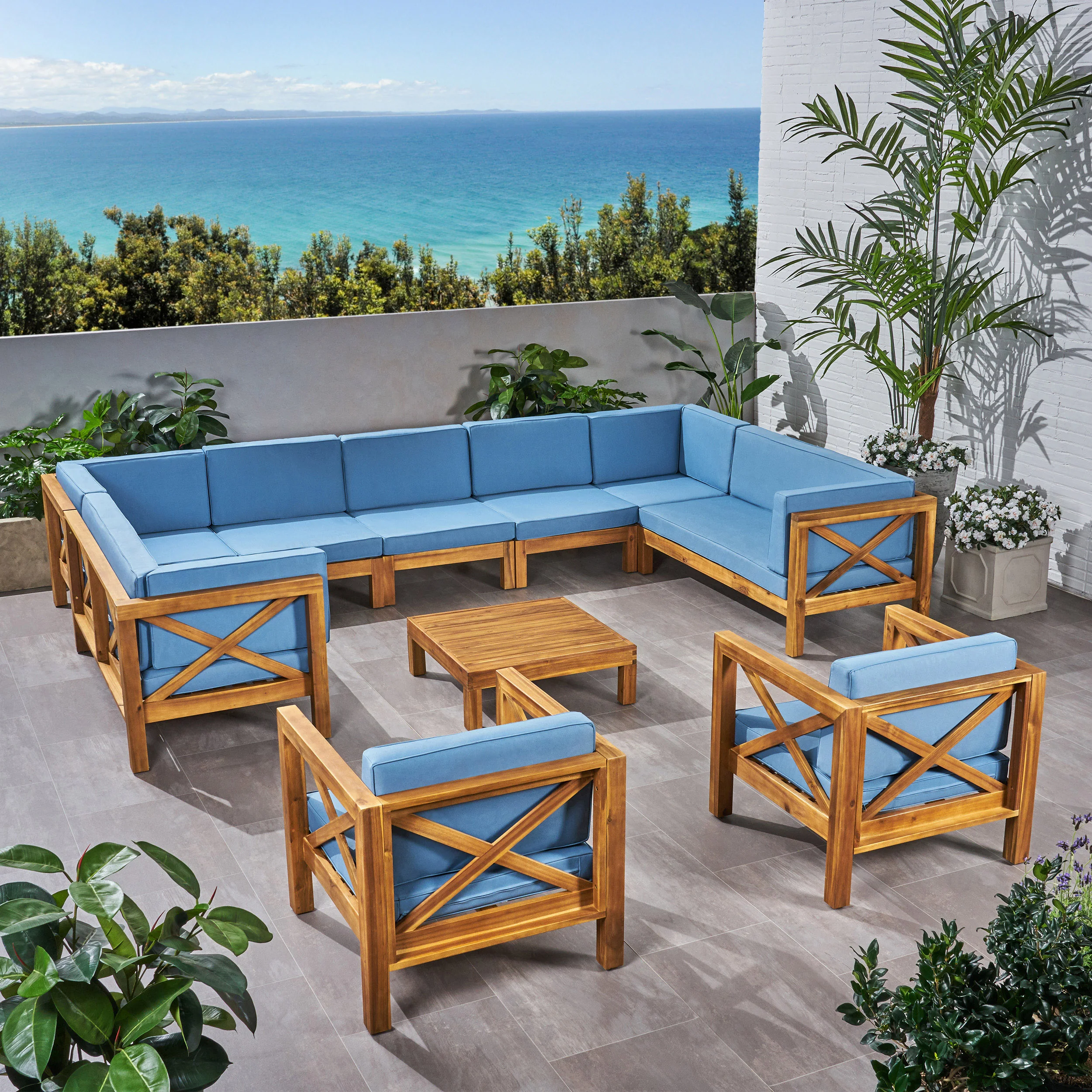 Isabella Outdoor 11 Seater Acacia Wood Sectional Sofa and Club Chair Set - furnishings