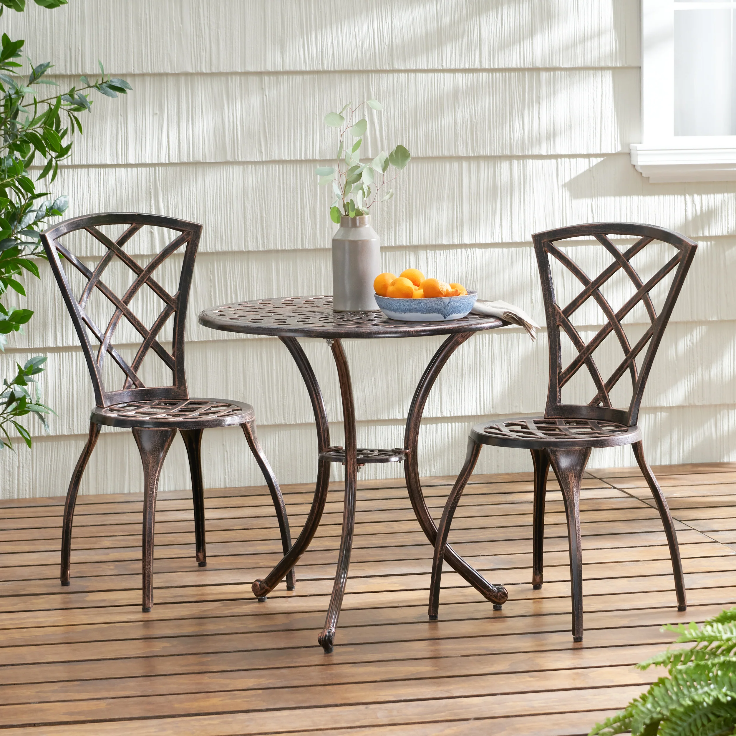 Glenbrook Traditional Outdoor Copper Cast Aluminum Bistro Set with Umbrella Hole - furnishings
