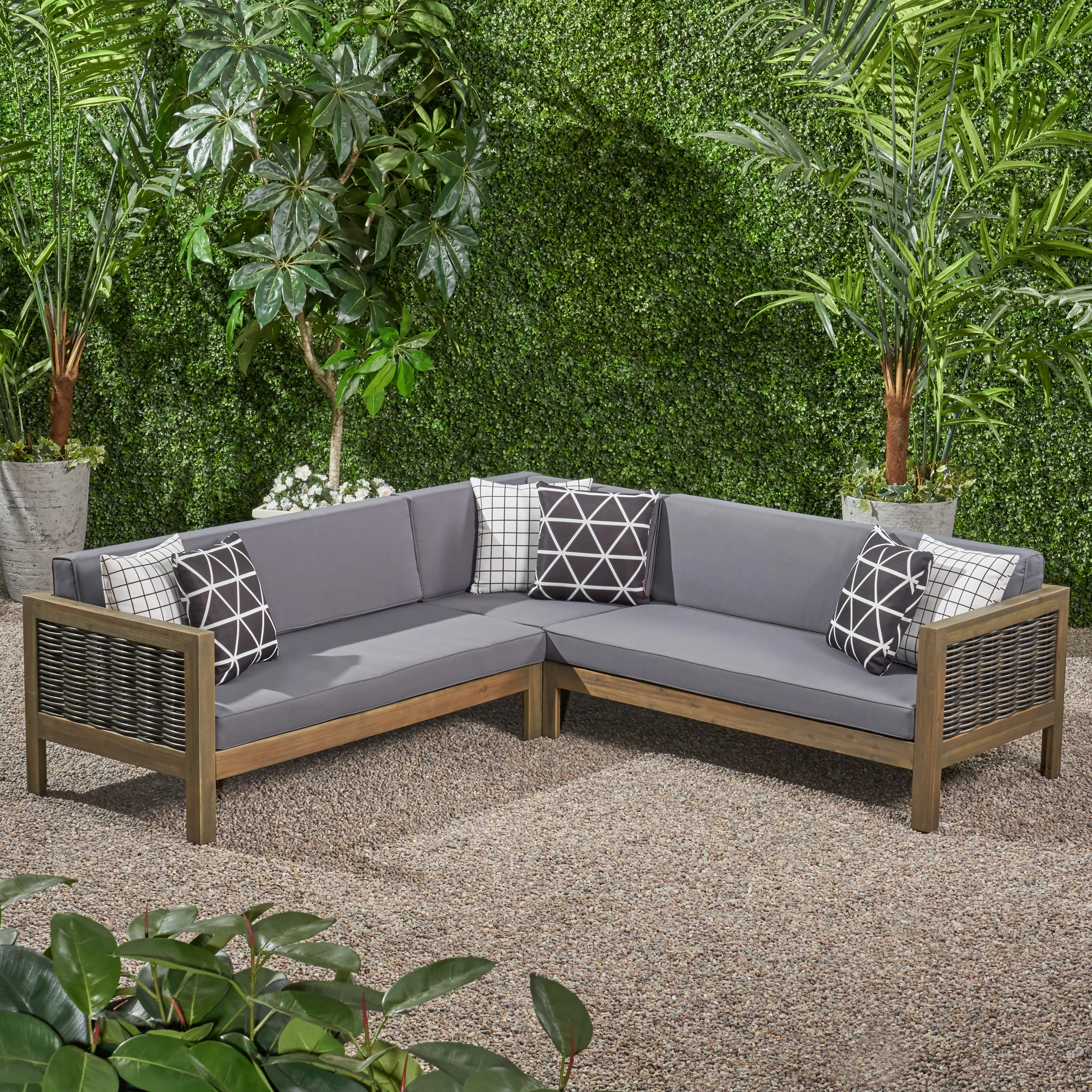 Theresa Outdoor Wood and Wicker 5 Seater Sectional Sofa Set - furnishings