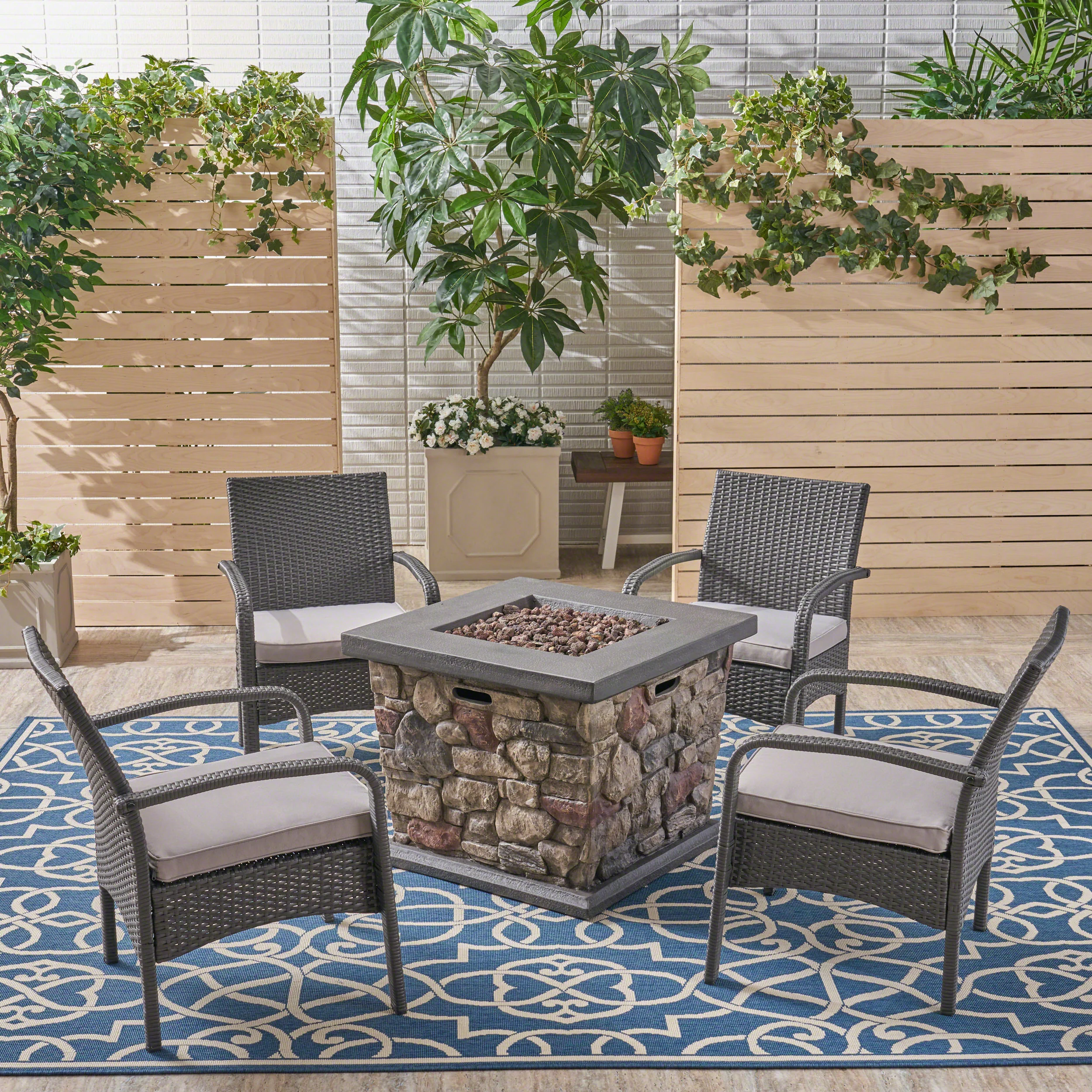 Mavis Patio Fire Pit Set, 4-Seater with Club Chairs, Wicker with Outdoor Cushions - furnishings