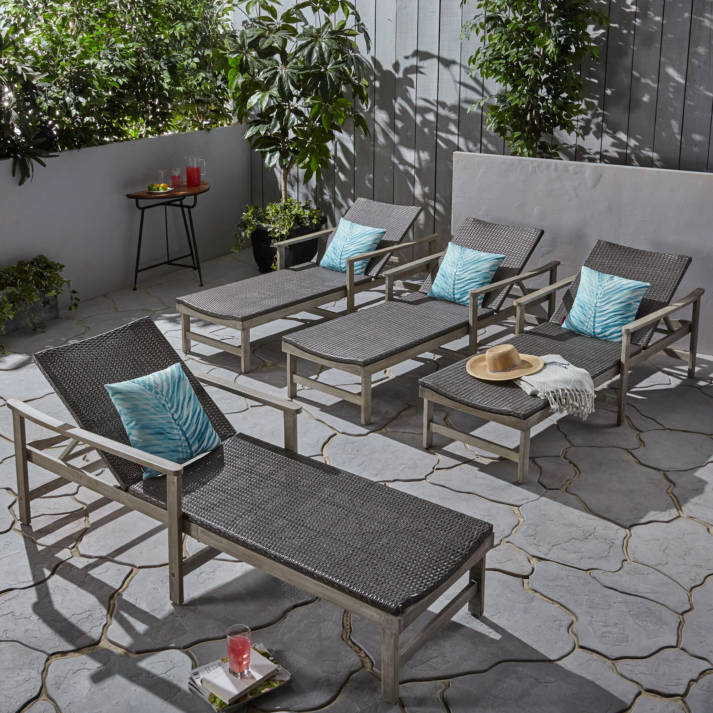 Kyle Outdoor Rustic Acacia Wood Chaise Lounge with Wicker Seating - furnishings