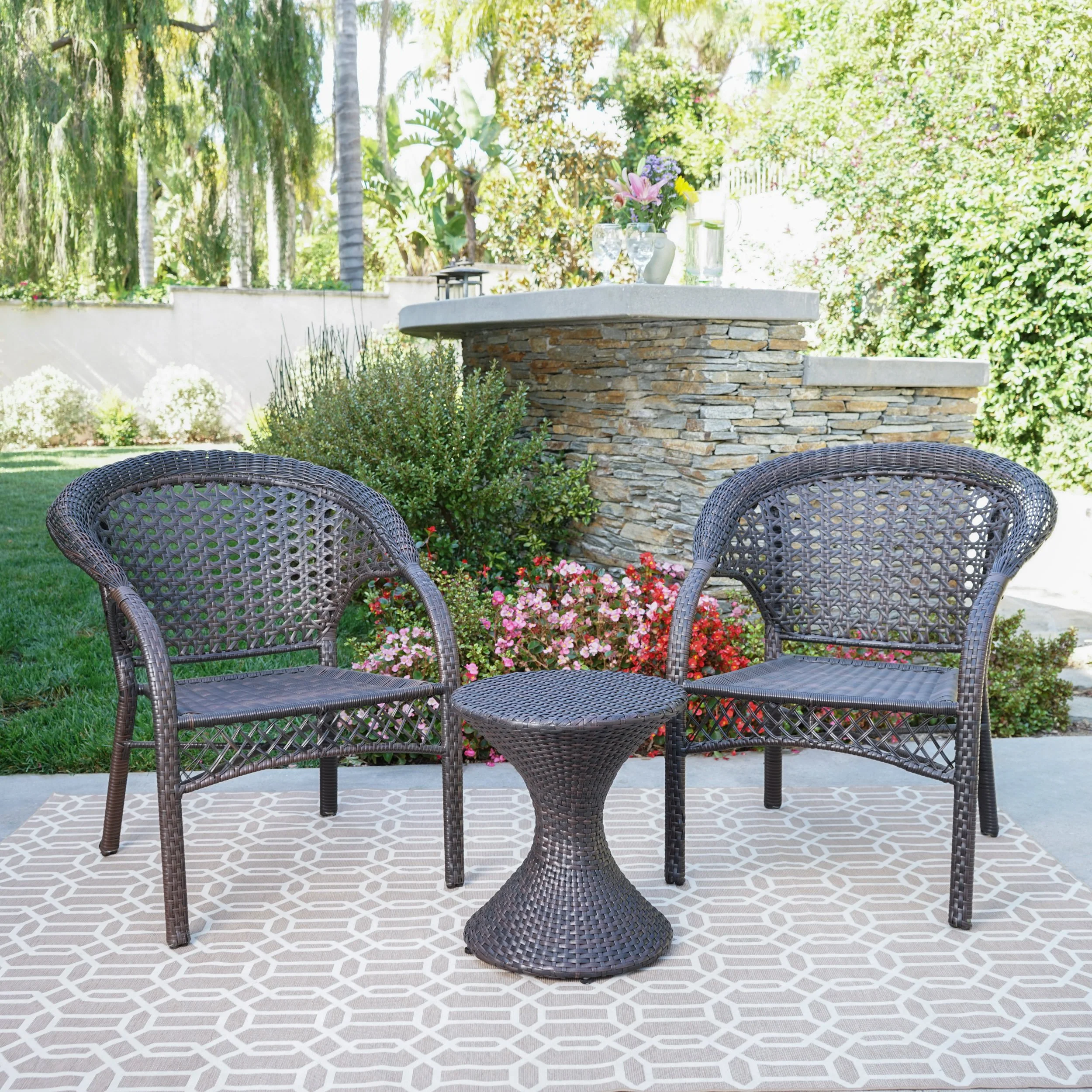 Bradley Outdoor 3 Piece Multi-Brown Wicker Chat Set with Stacking Chairs - furnishings