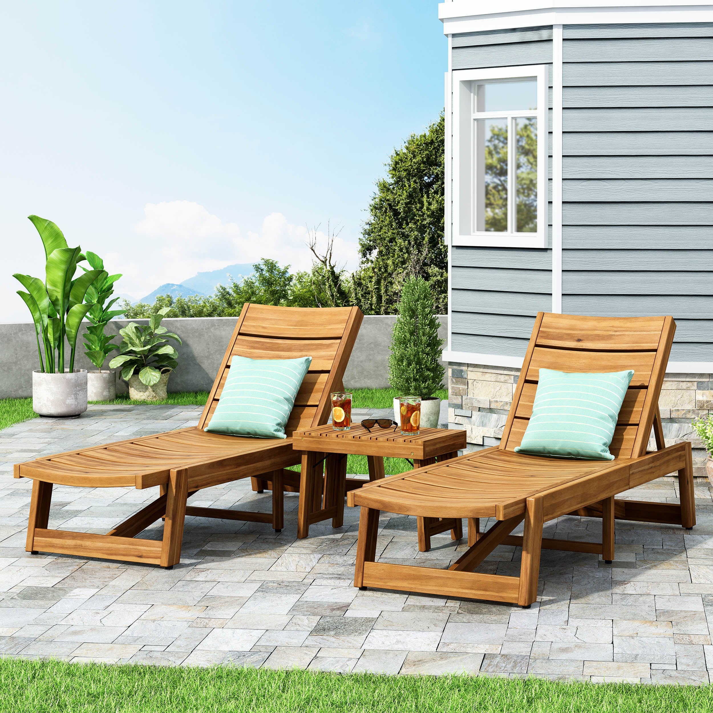 Karyme Outdoor Acacia Wood 3 Piece Chaise Lounge Set - furnishings