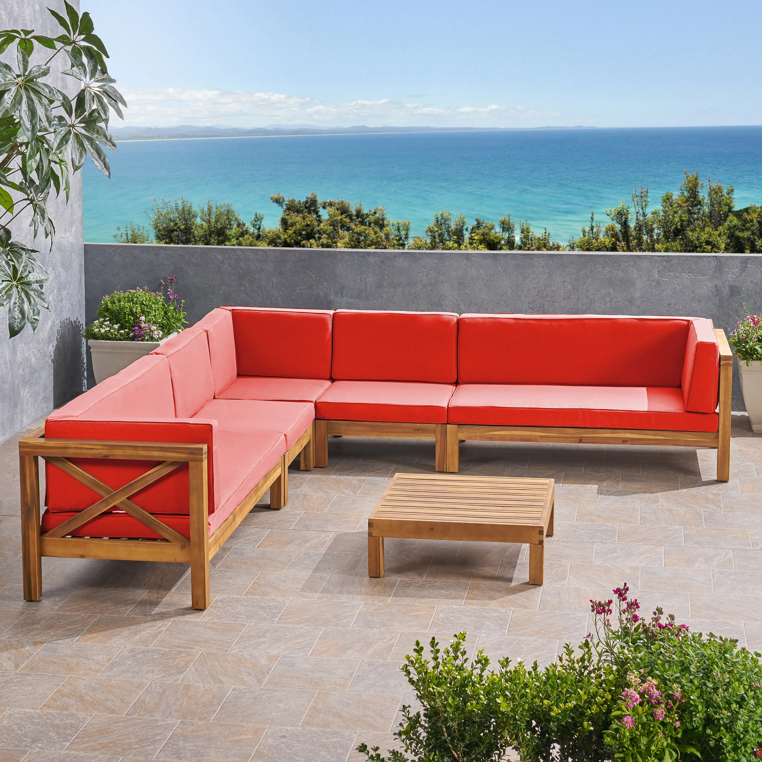 Cynthia Outdoor 7 Seater Acacia Wood Sectional Sofa Set - furnishings