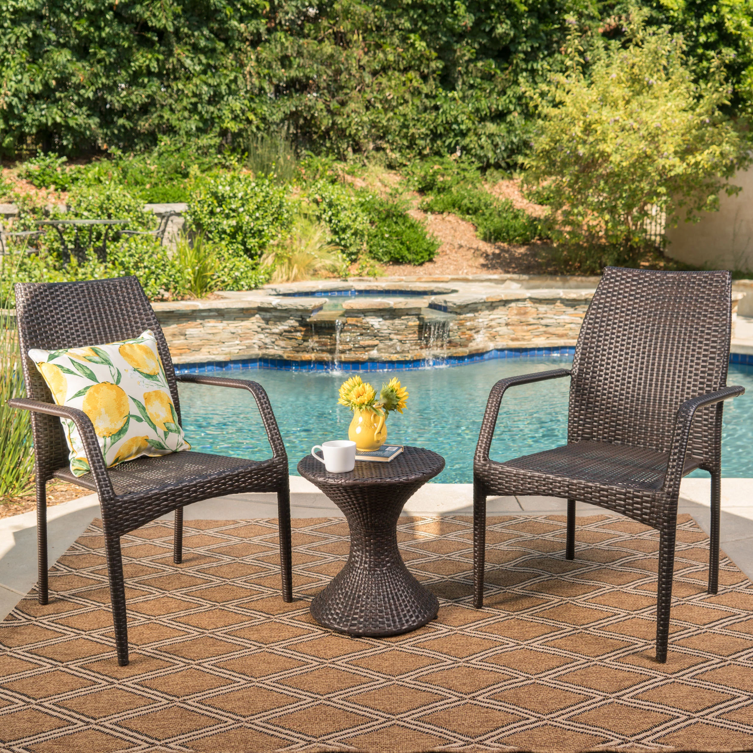 Landing Outdoor 3 Piece Multi-Brown Wicker Chat Set with Stacking Chairs - furnishings