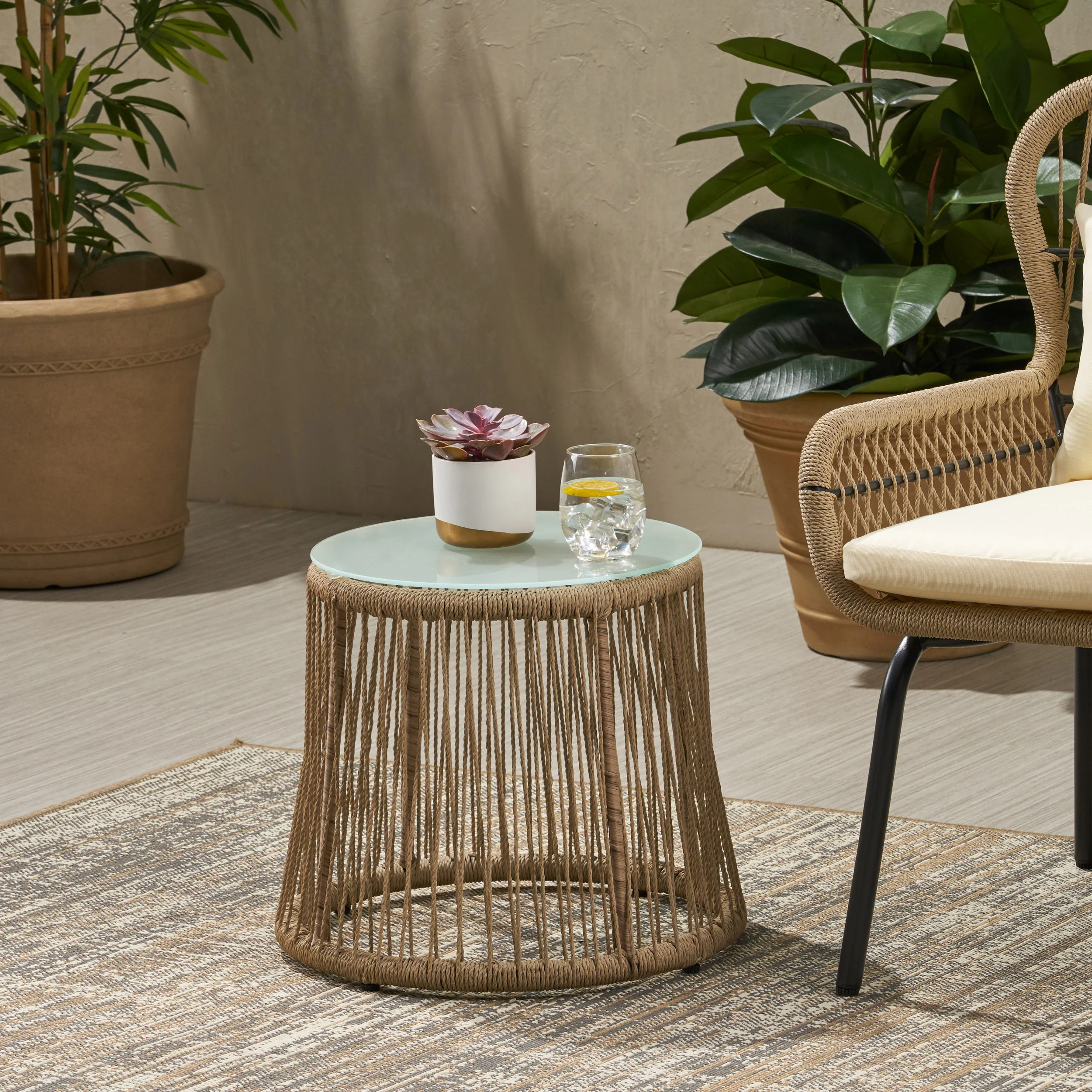 Karen Outdoor Side Table, Steel and Rope, Tempered Glass Table Top, Boho - furnishings