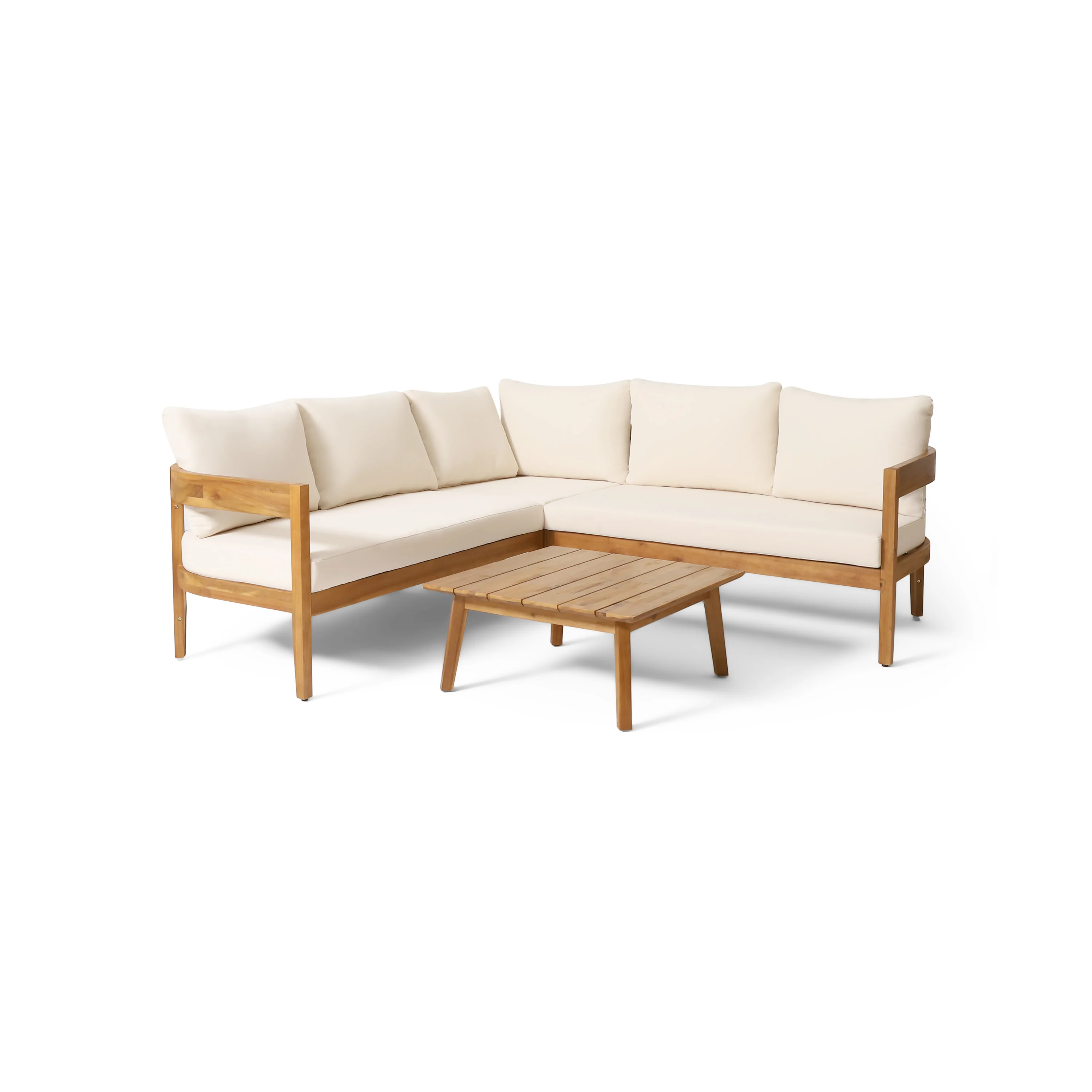 Brooklyn Outdoor Acacia Wood 5 Seater Sectional Sofa Chat Set with Cushions, Teak and Beige - furnishings