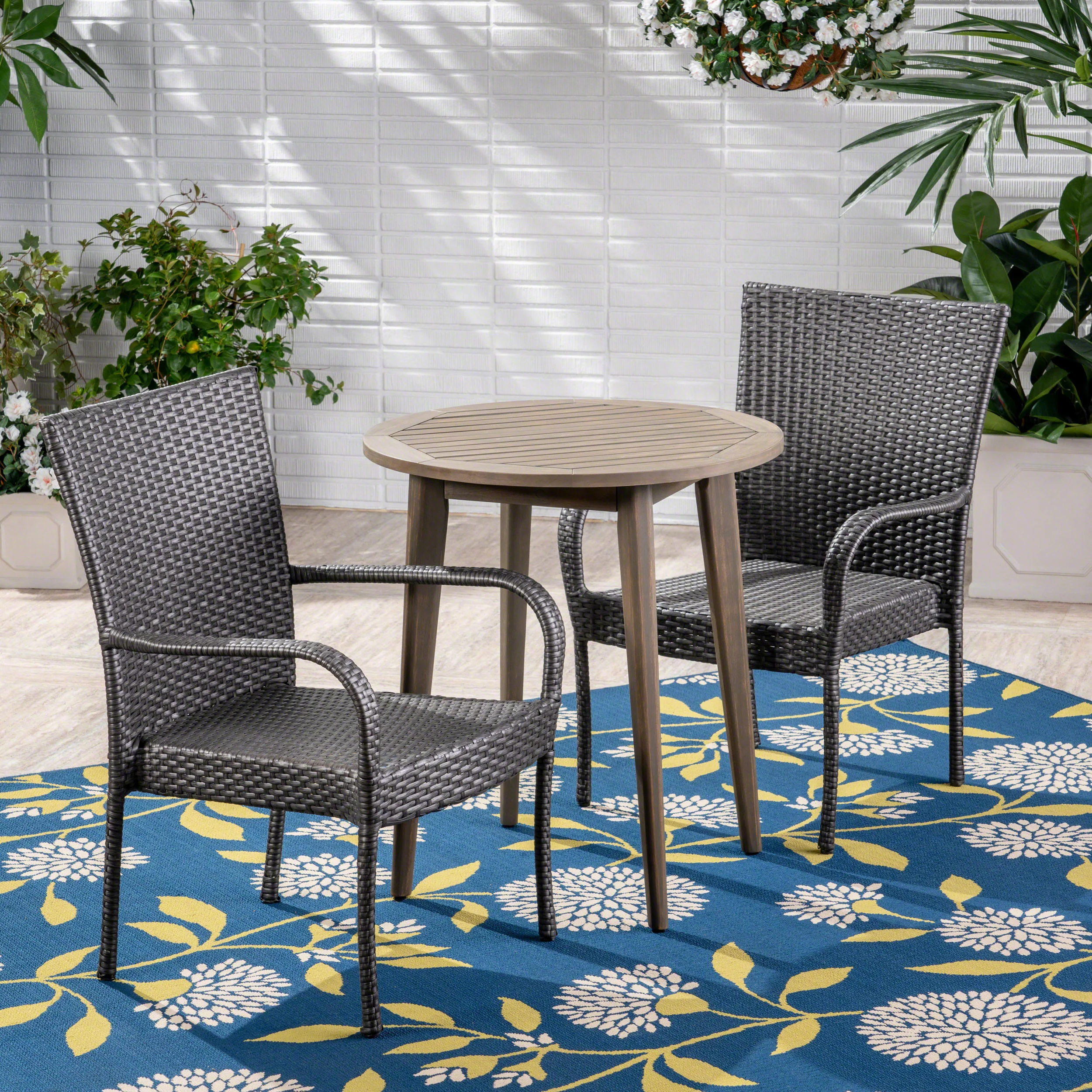 Mayes Outdoor 3 Piece Wood  and Wicker Bistro Set - furnishings