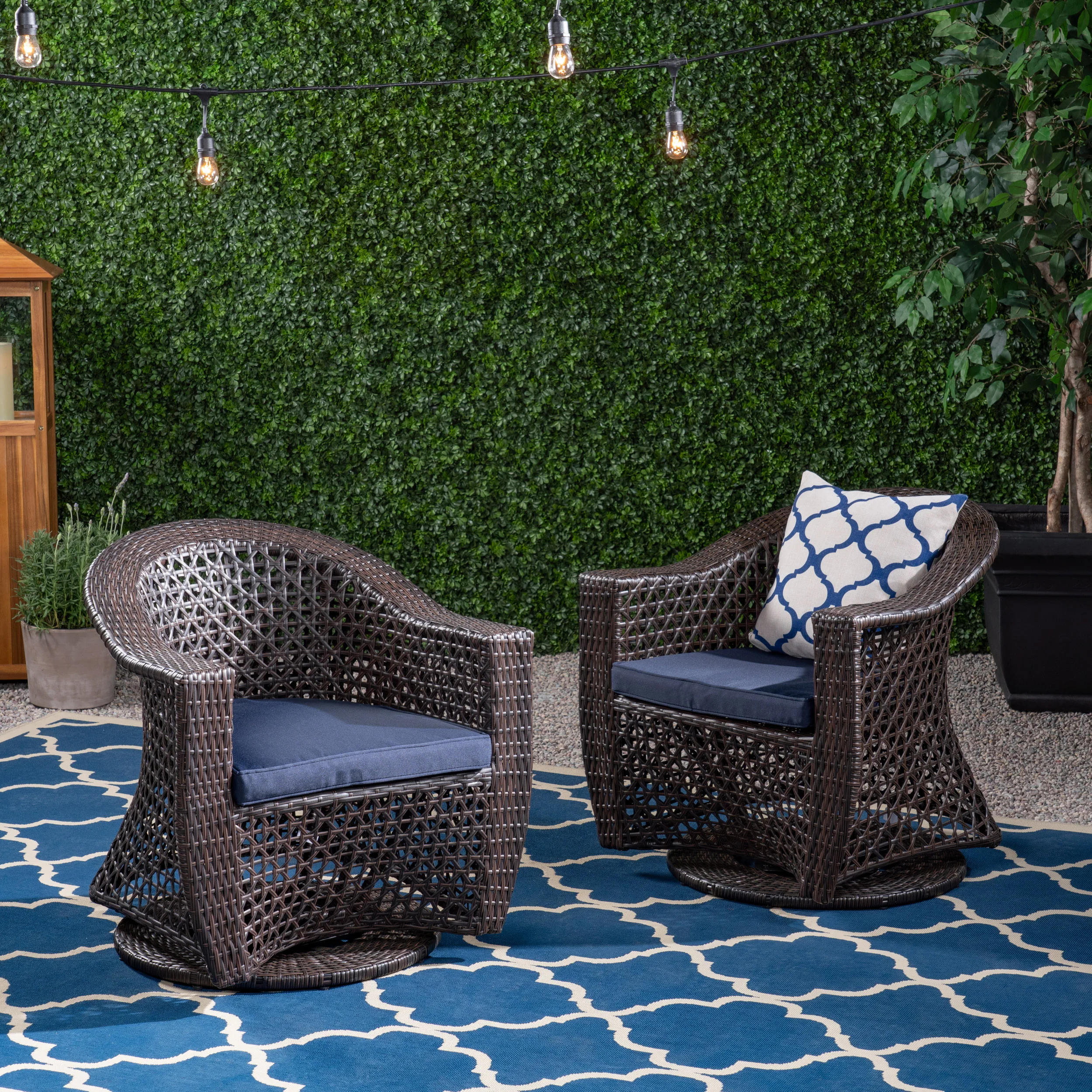 Big Sur Patio Swivel Chair, Wicker with Outdoor Cushions, Multi-Brown, Navy Blue - furnishings