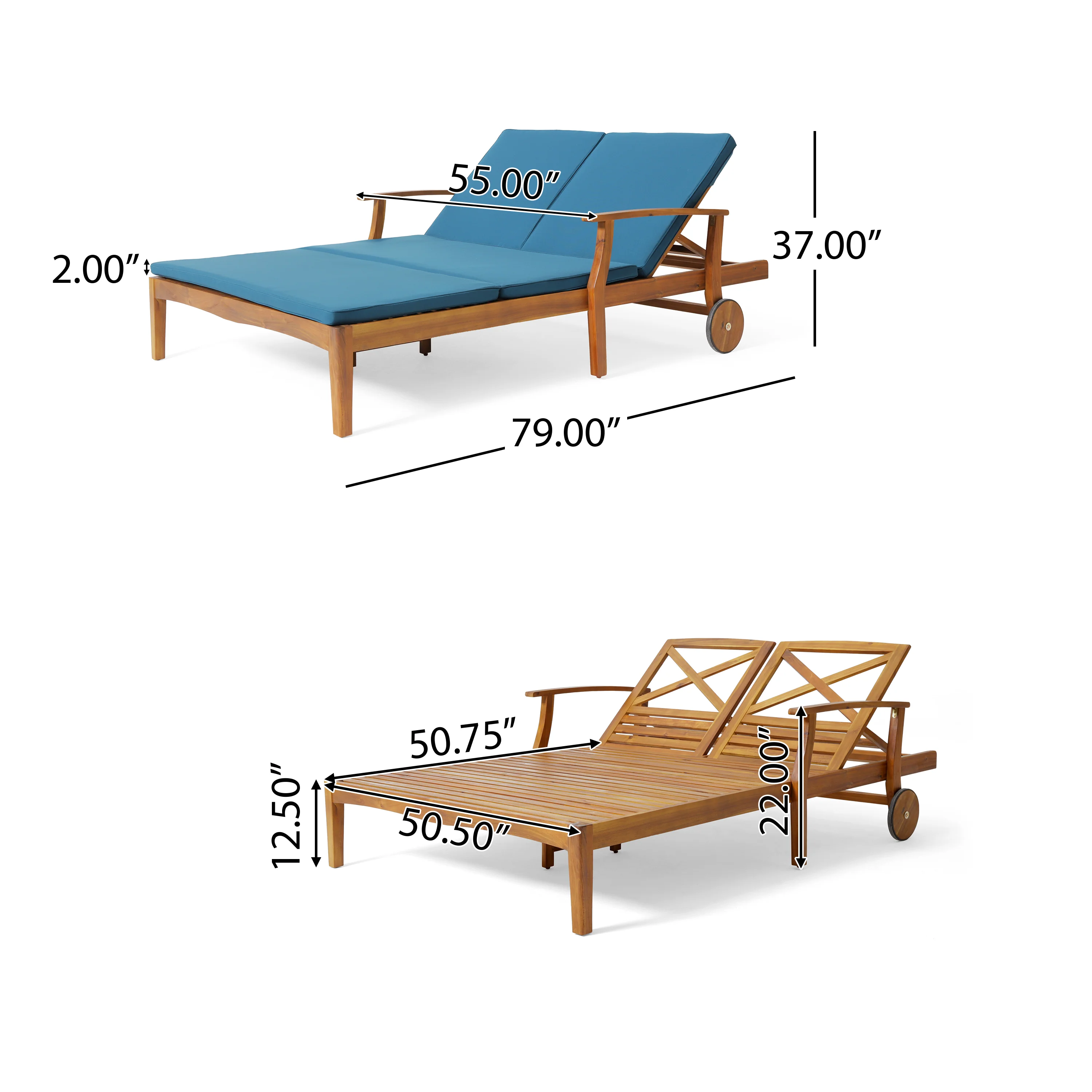 Samantha Double Chaise Lounge for Yard and Patio, Acacia Wood Frame - furnishings