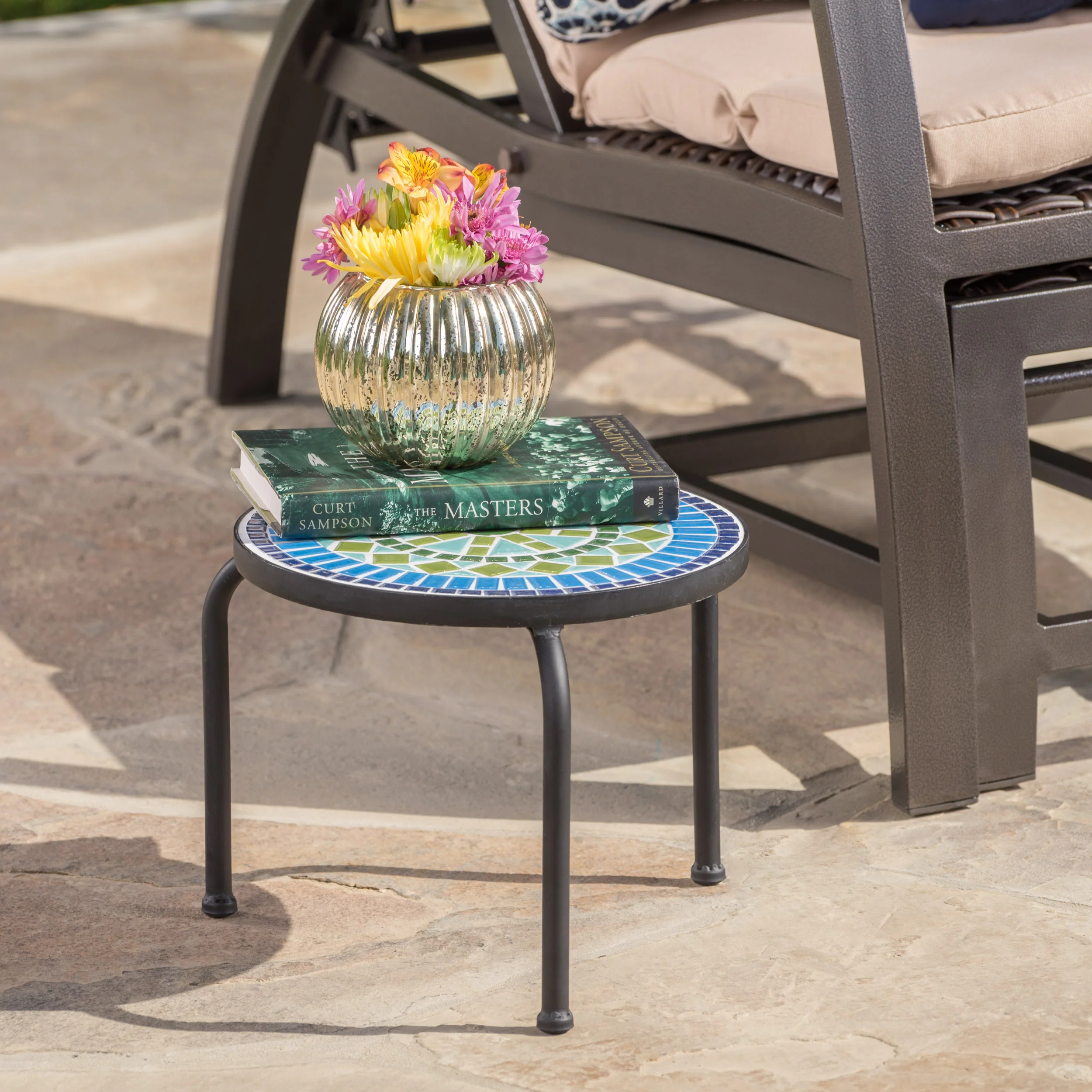Isildur Outdoor Blue & Green Ceramic Tile Iron Frame Side Table - furnishings