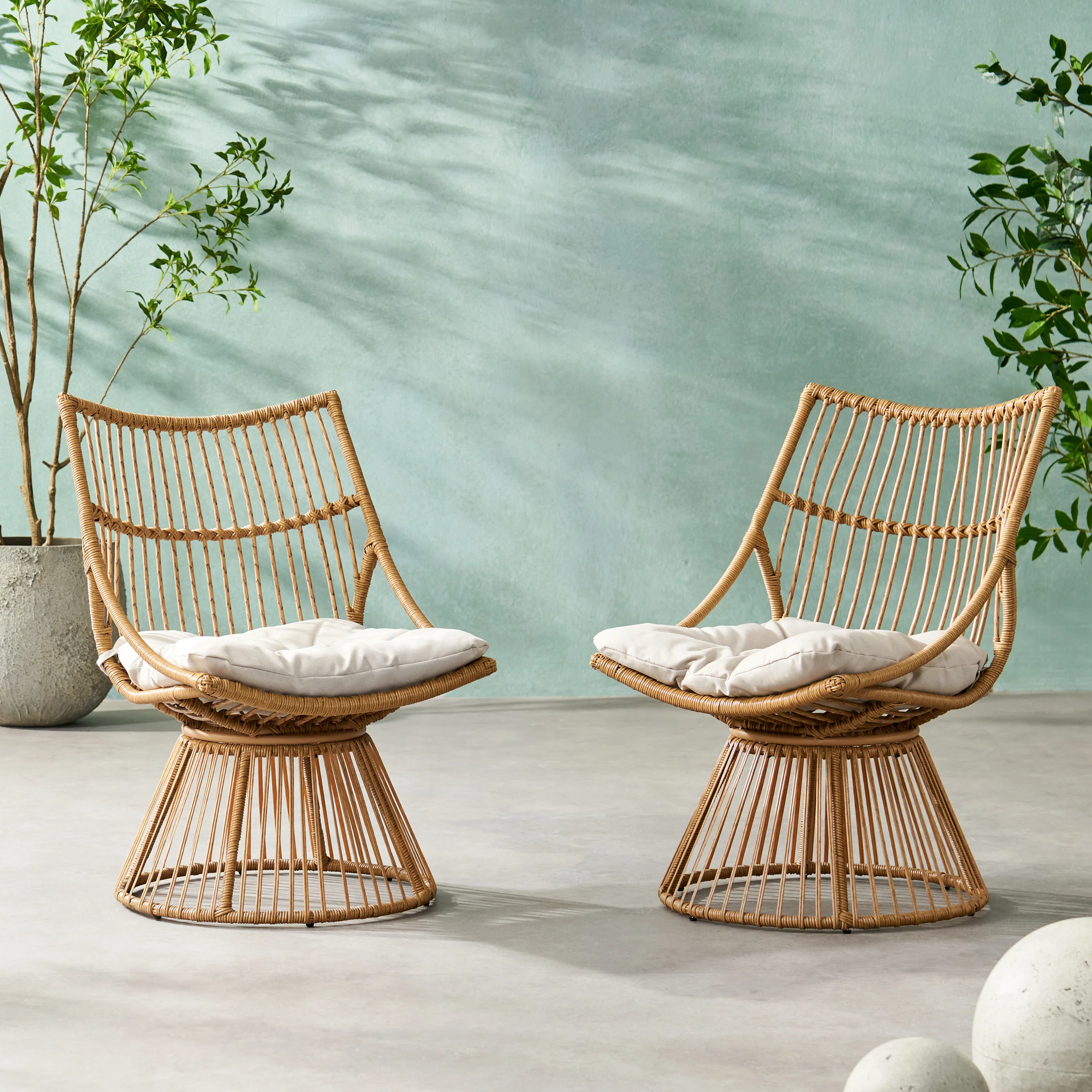 Apulia Outdoor Wicker High Back Lounge Chairs with Cushion, Set of 2, Light Brown and Beige - furnishings