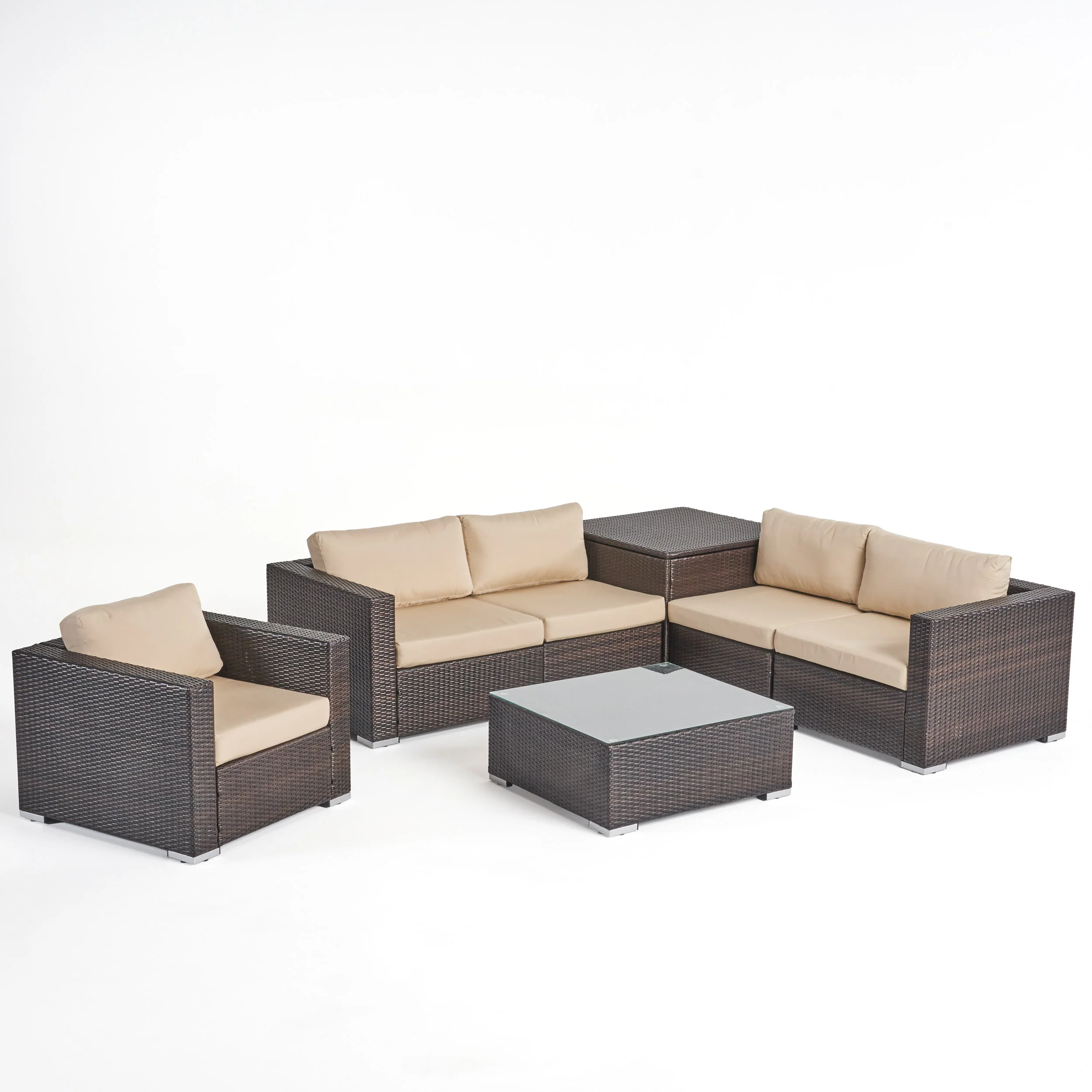 Kyra Outdoor 5 Seater Wicker Sectional Sofa Set with Storage Ottoman and Sunbrella Cushions - furnishings