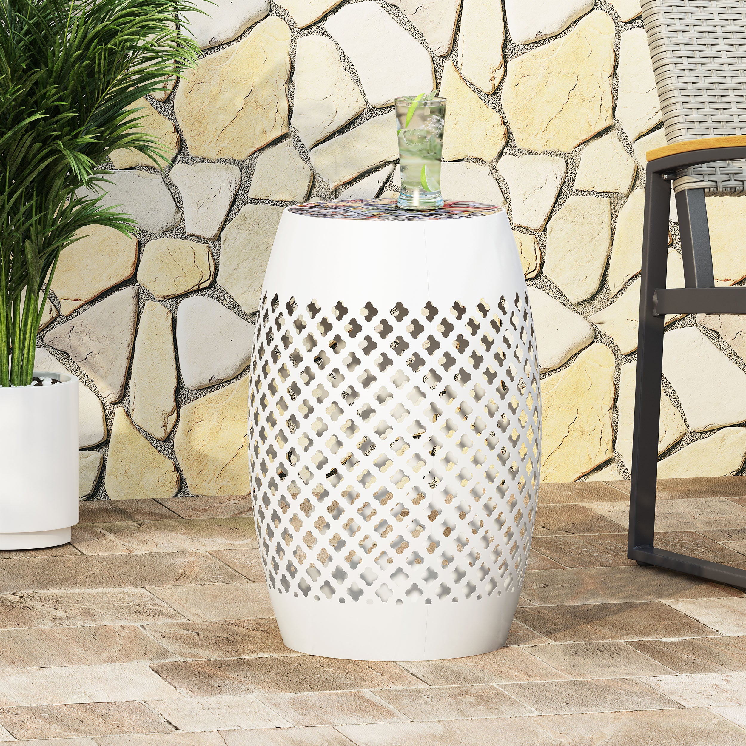 Kalyse Outdoor Lace Cut Side Table with Tile Top - furnishings