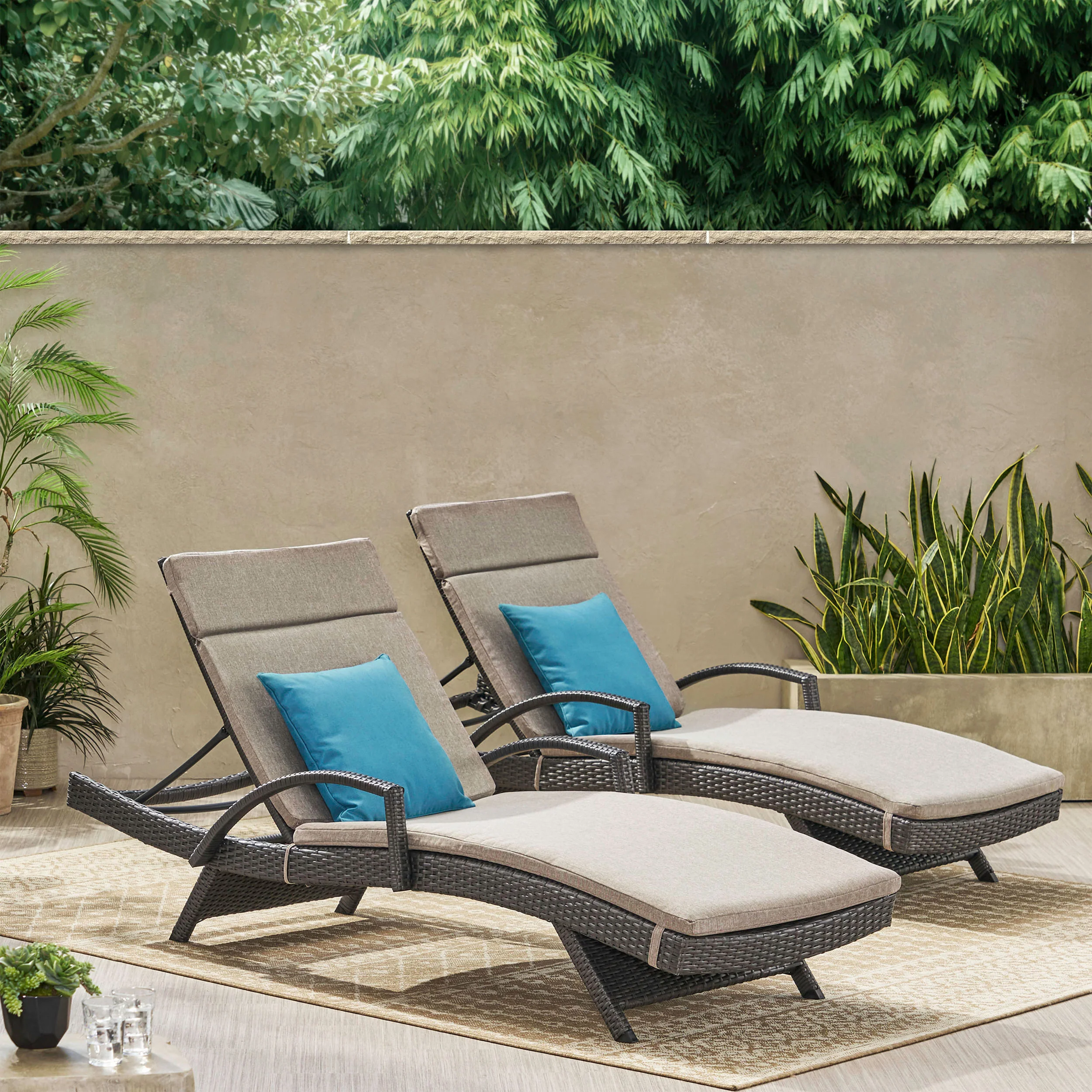Soleil Outdoor Wicker Chaise Lounges w/ Water Resistant Cushions (Set of 2) - furnishings