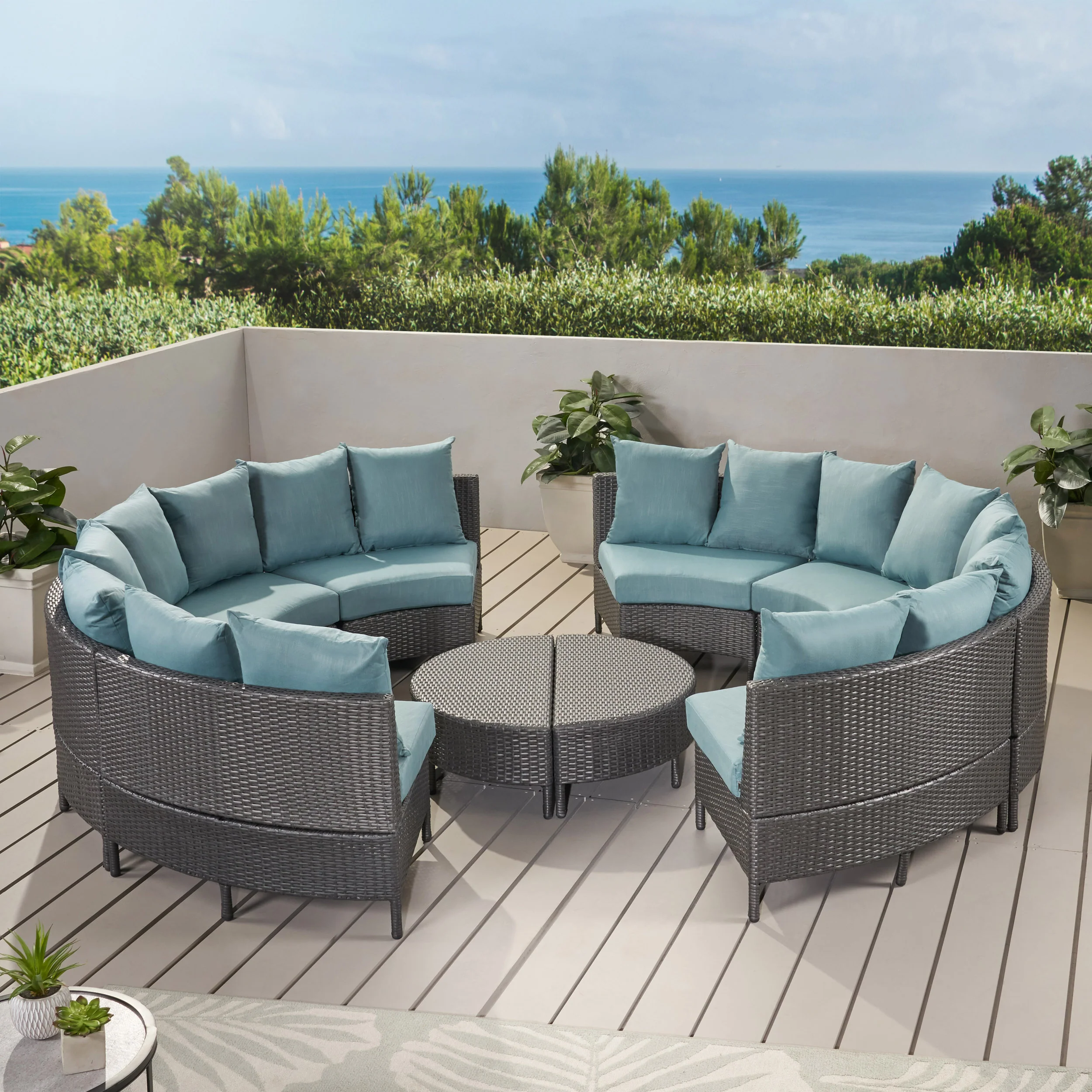 Venice Outdoor 10 Piece Gray Wicker Sectional Sofa Set with Teal Cushions - furnishings