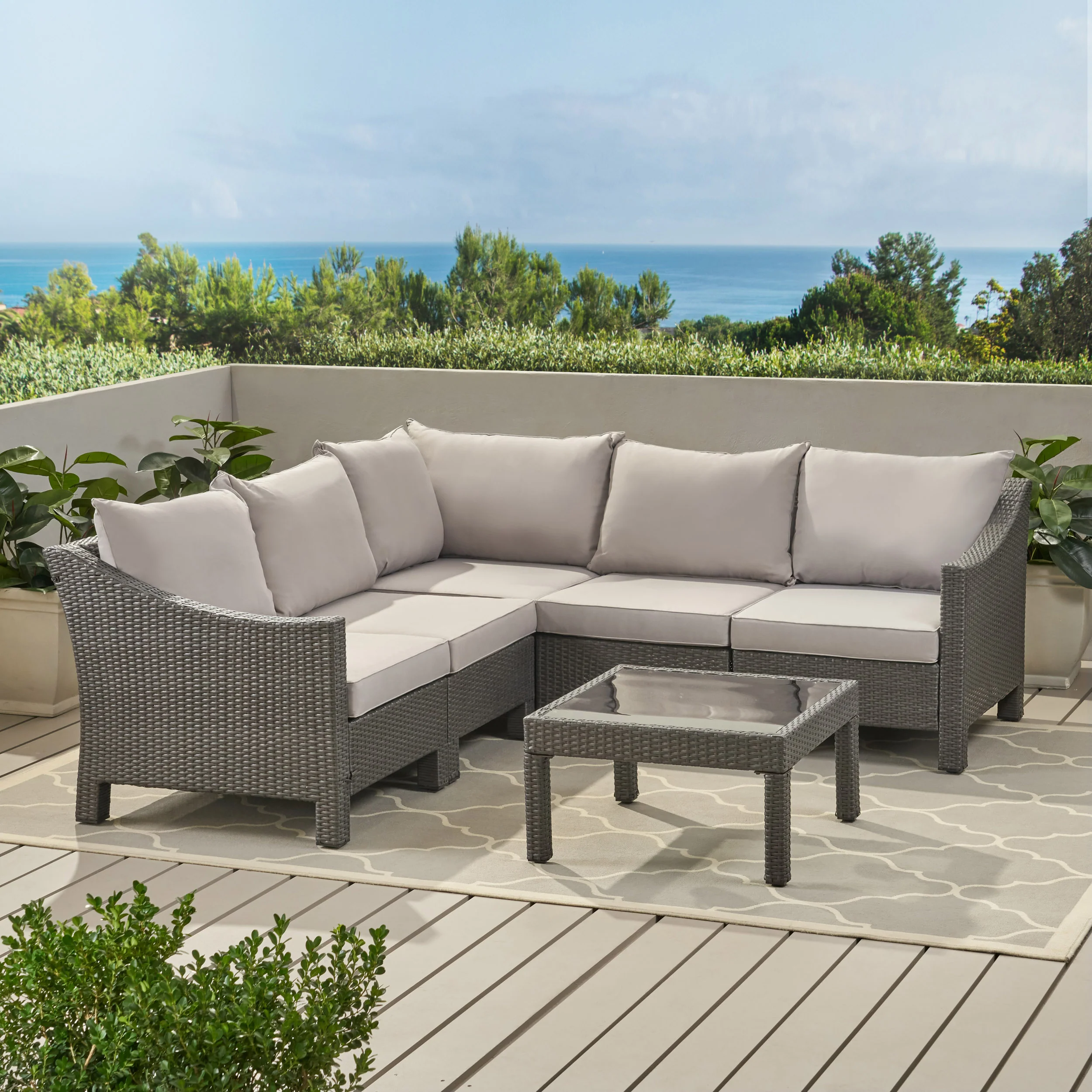 Caspian 6pc Outdoor Wicker V-shaped Sectional Sofa Set w/ Cushions - furnishings