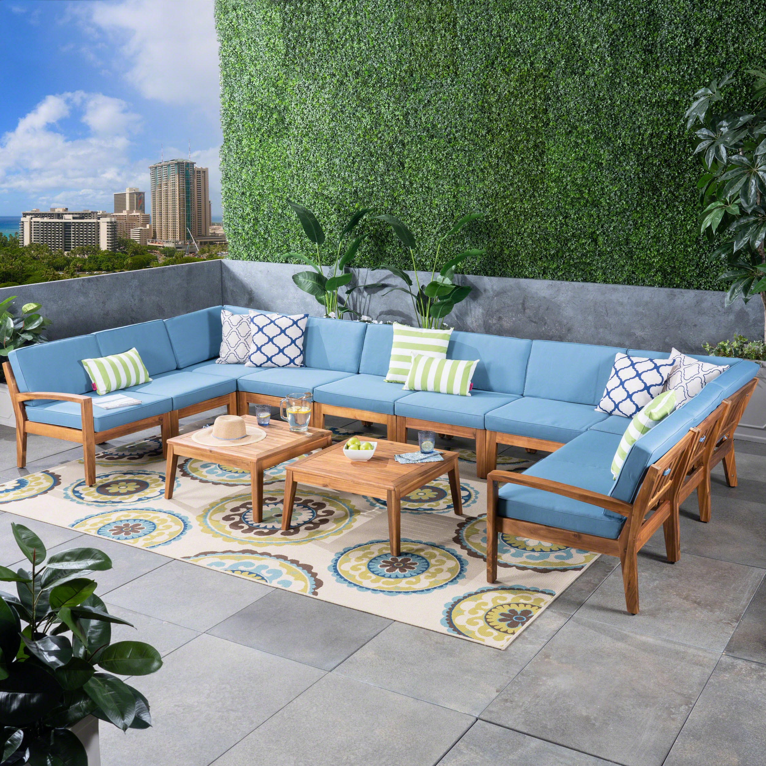 Ray Outdoor Acacia Wood 10 Seater Sectional Sofa Set with Two Coffee Tables - furnishings