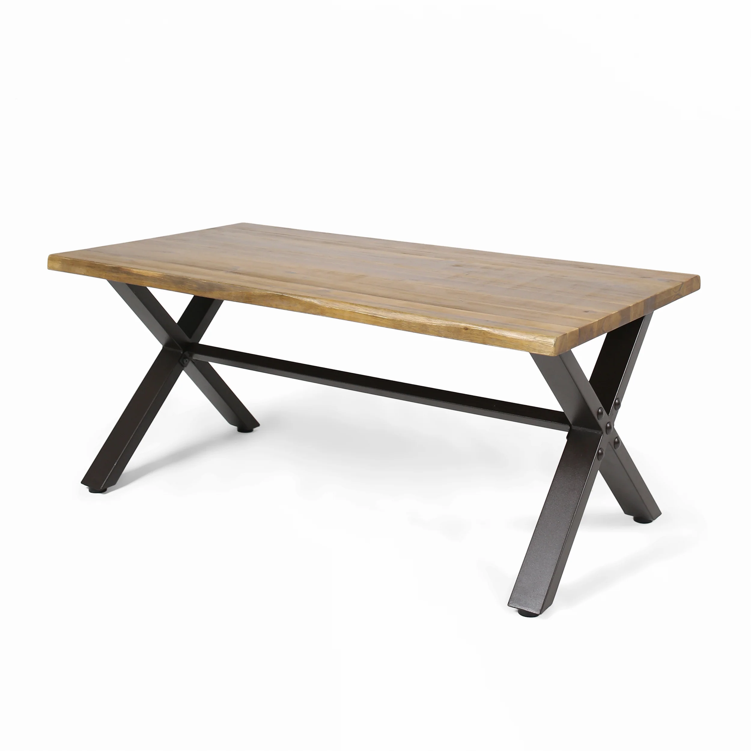 Ishtar Outdoor Farmhouse Teak Acacia Wood Coffee Table with Black X-Frame Legs - furnishings
