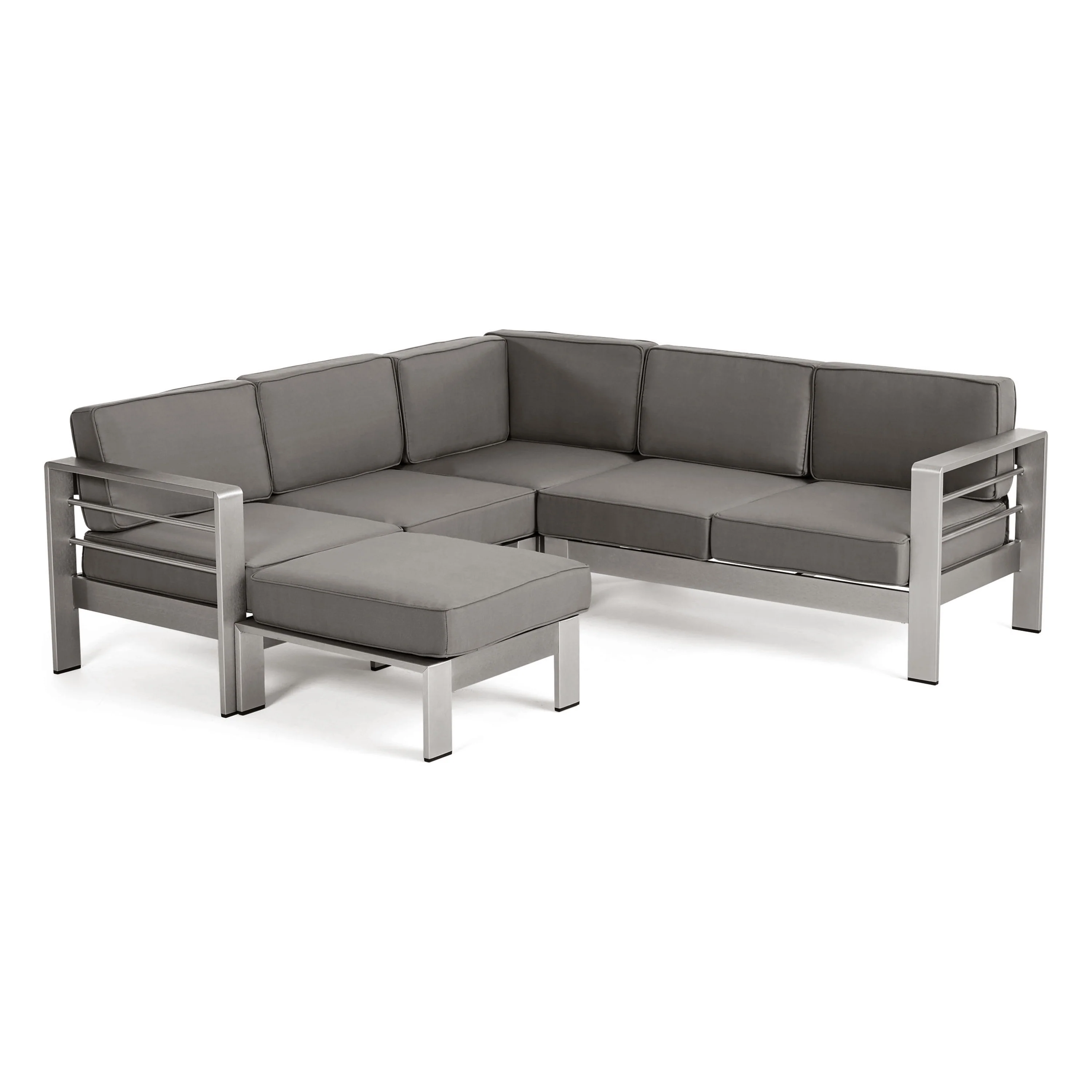 Emily Coral Outdoor Aluminum 5-Seater V-Shape Sectional Sofa Set with Ottoman, Silver and Khaki - furnishings