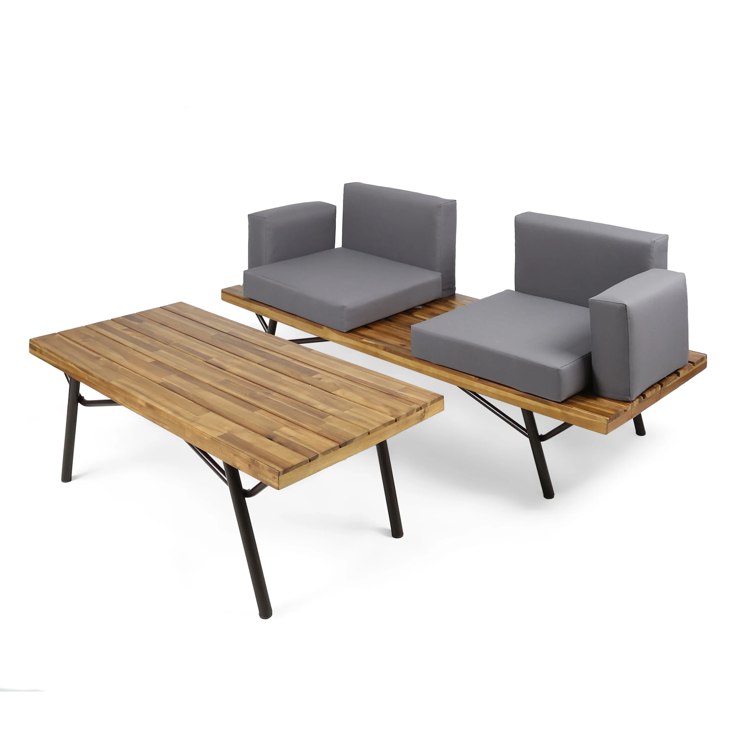 Nora Outdoor Acacia Wood Chat Set, Teak Finish and Dark Gray - furnishings