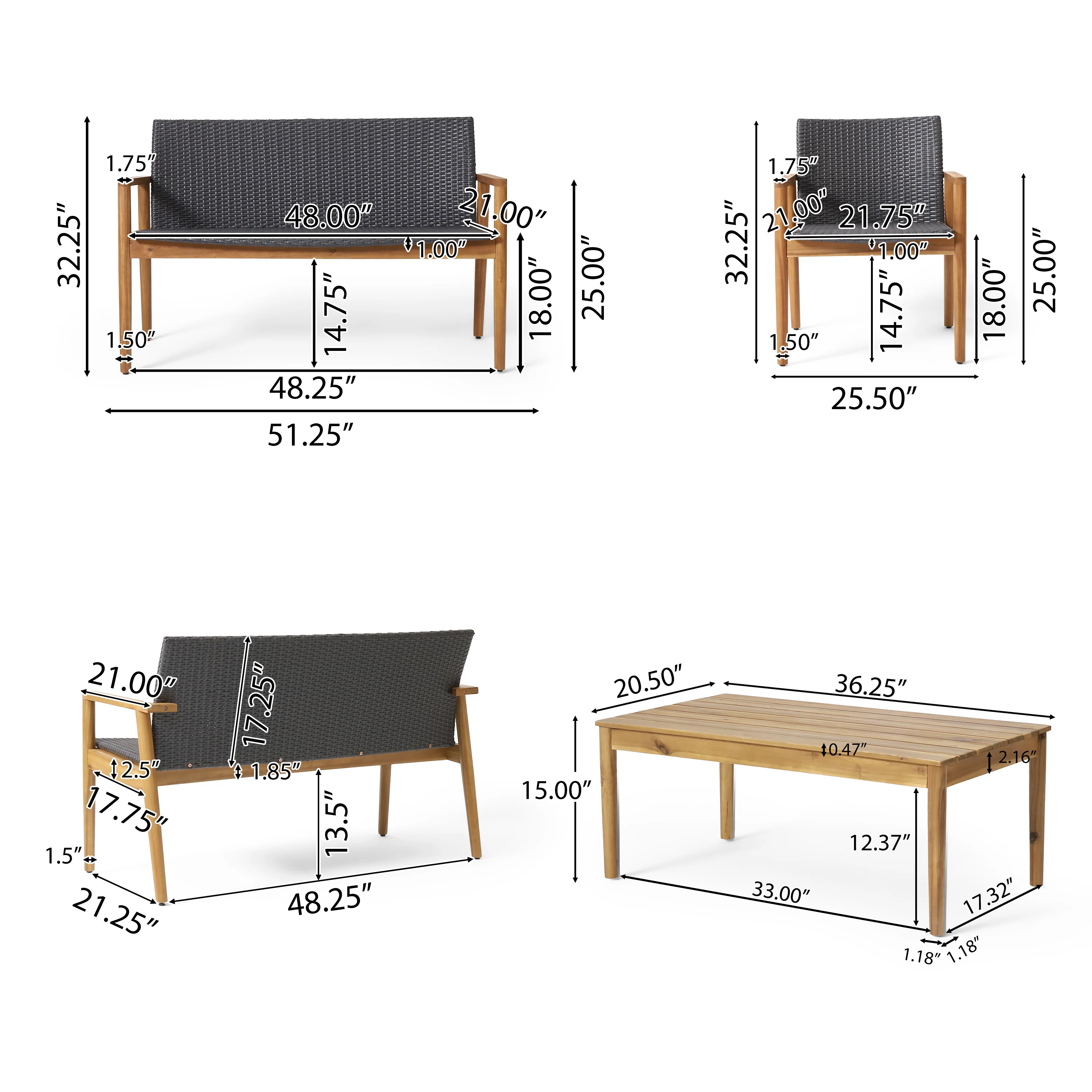 Alamosa Outdoor Wicker and Acacia Wood 4 Seater Chat , Gray and Teak - furnishings