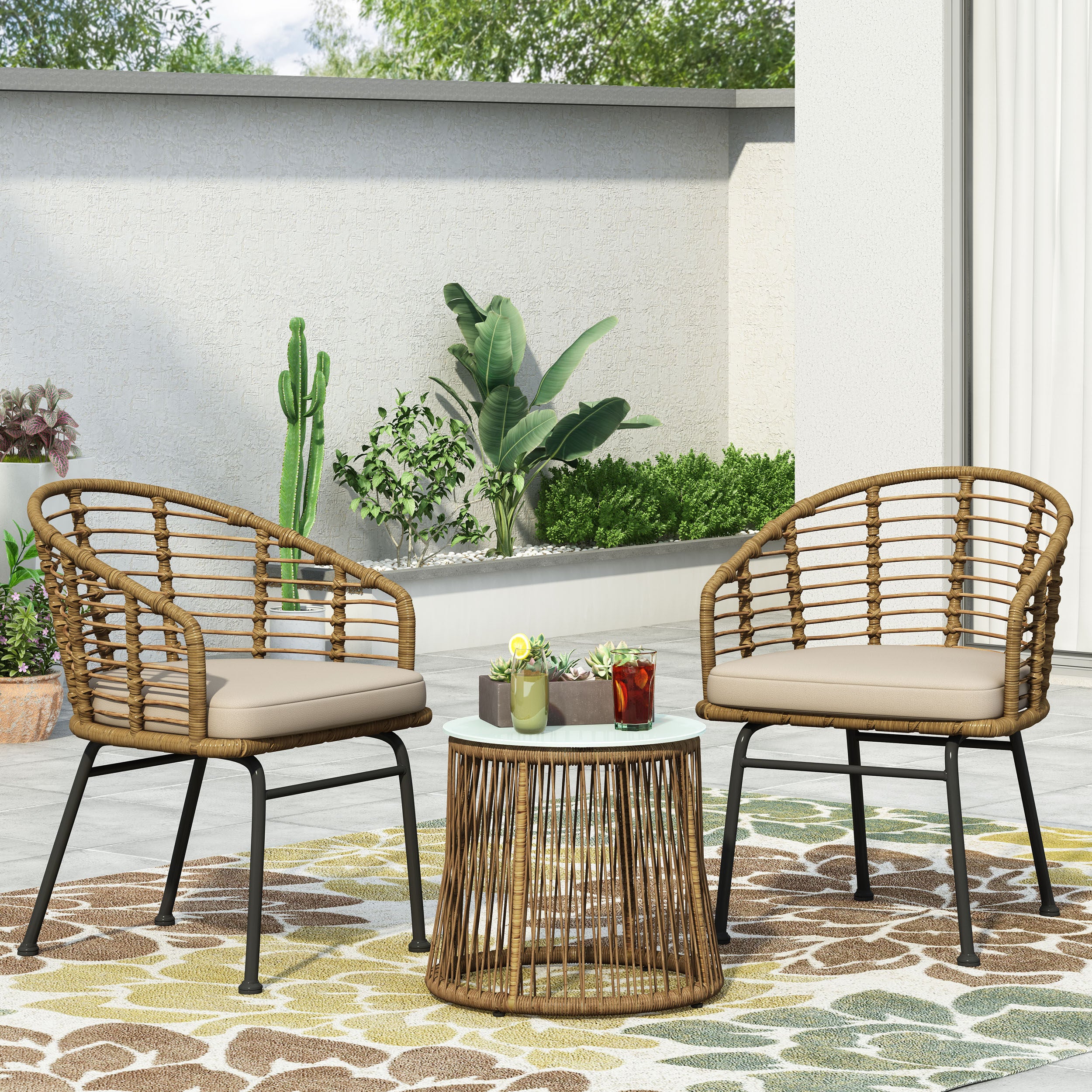 Monture Outdoor Wicker 2 Seater Chat Set, Light Brown and Beige - furnishings