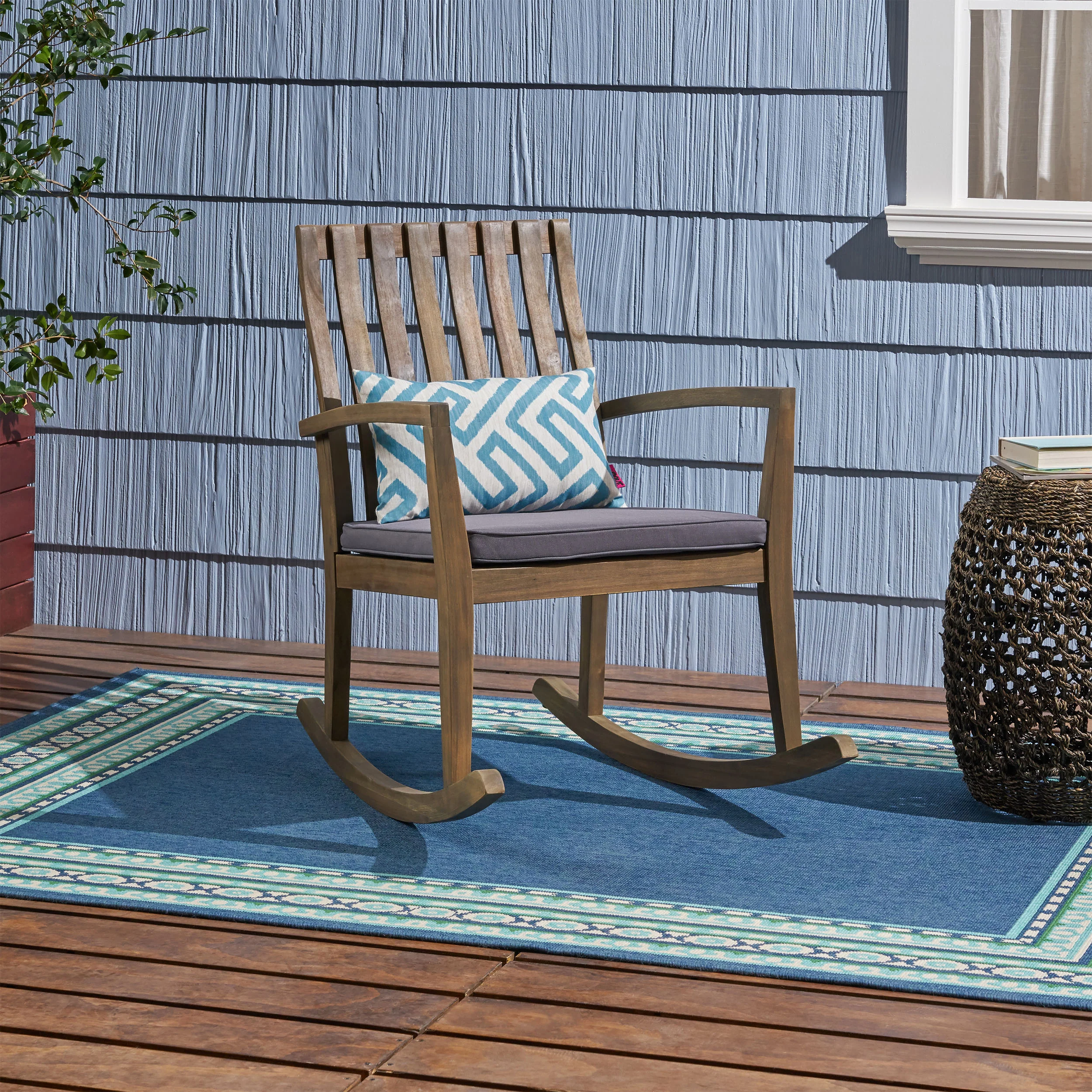 Muriel Outdoor Acacia Wood Rustic Style Rocking Chair with Cushions - furnishings