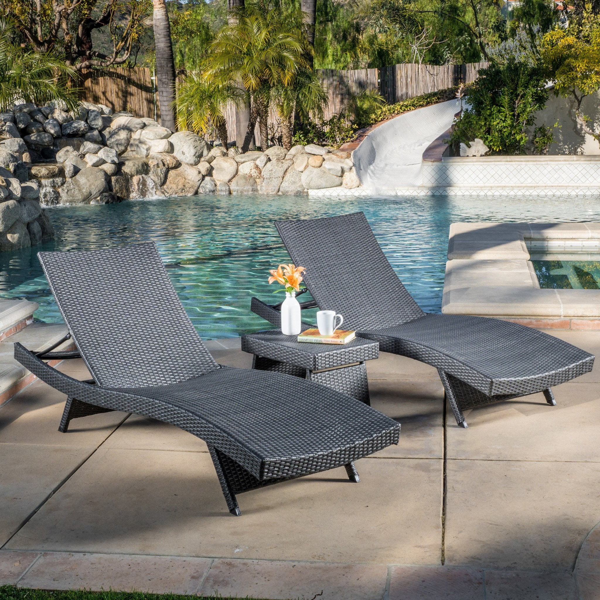 Lakeport Outdoor Grey Wicker 3-piece Adjustable Chaise Lounge Set - furnishings