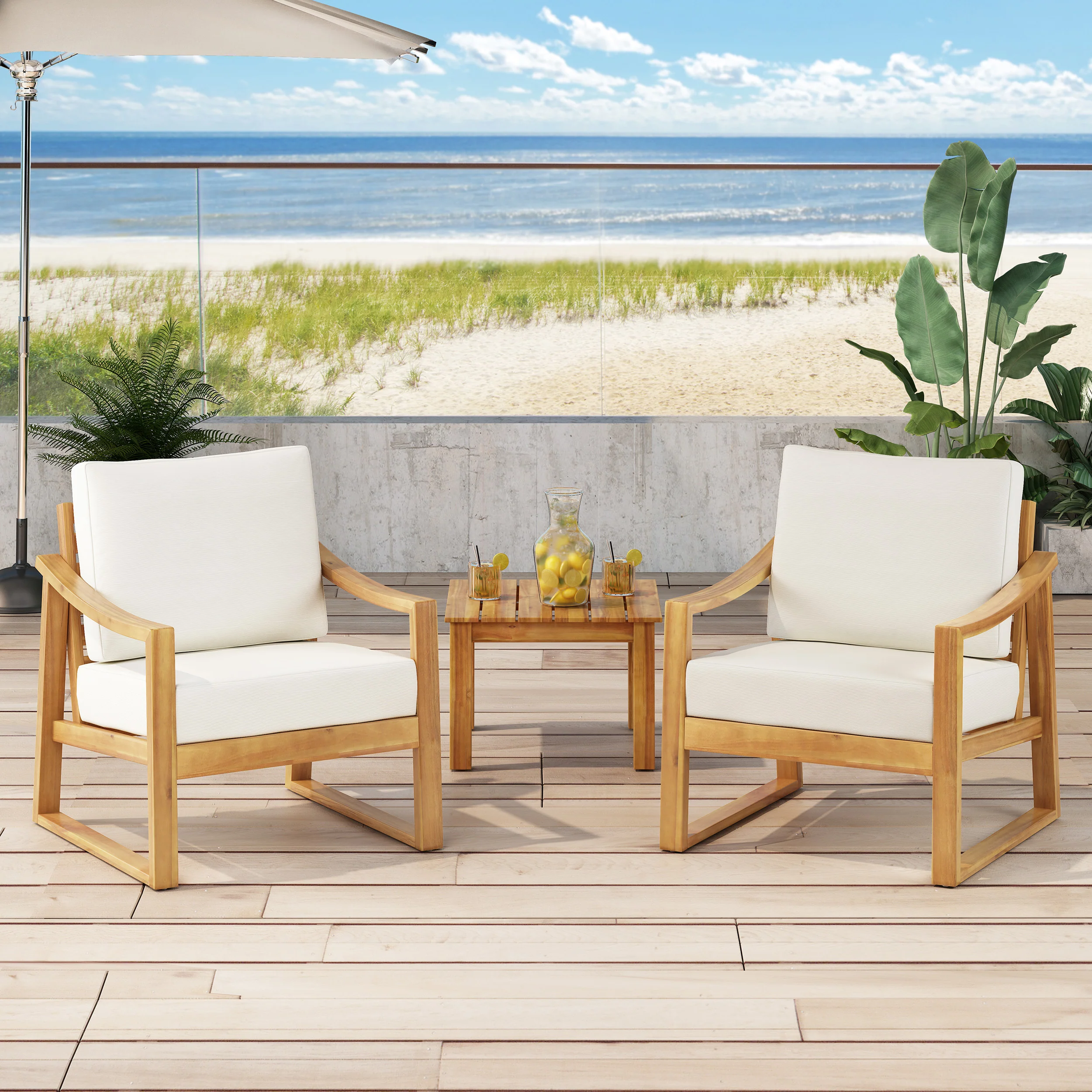 Johnlucas Outdoor Acacia Wood Club Chairs with Water Resistant Cushions (Set of 2) - furnishings