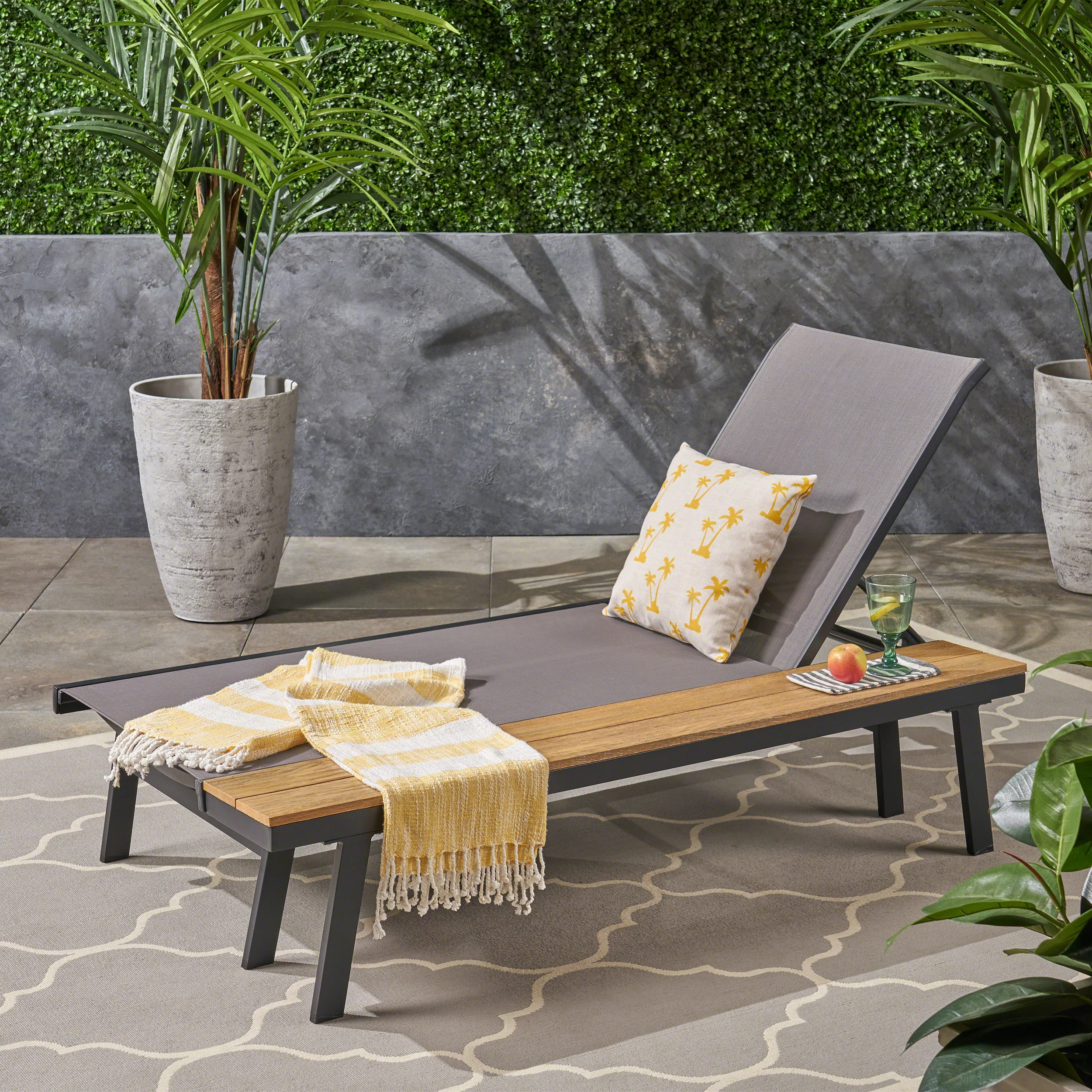 John Outdoor Mesh and Aluminum Chaise Lounge with Side Table - furnishings