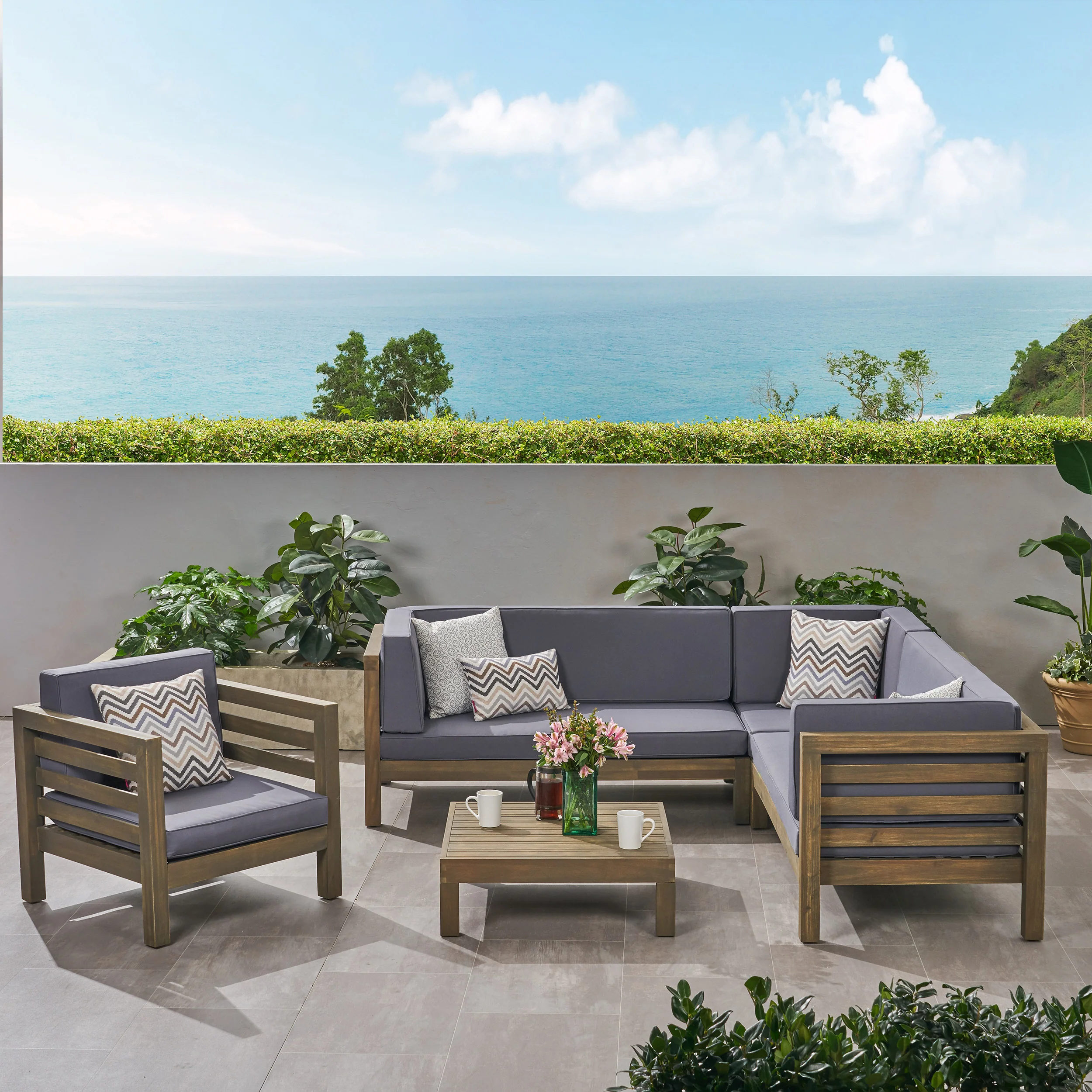 Emma Outdoor 6 Seater Acacia Wood Sectional Sofa and Club Chair Set - furnishings