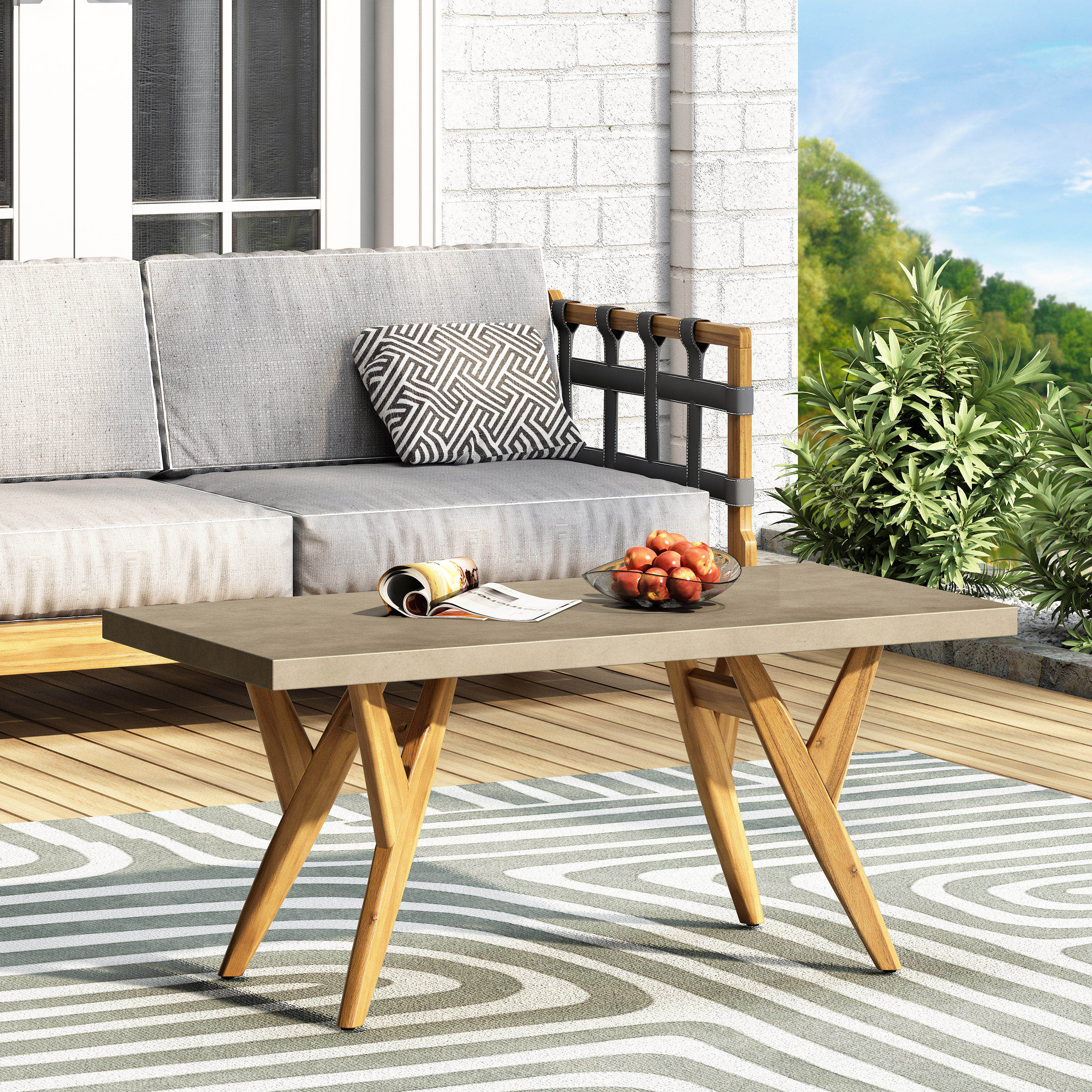 Loverin Outdoor Acacia Wood and Cast Stone Coffee Table, Teak and Light Gray - furnishings