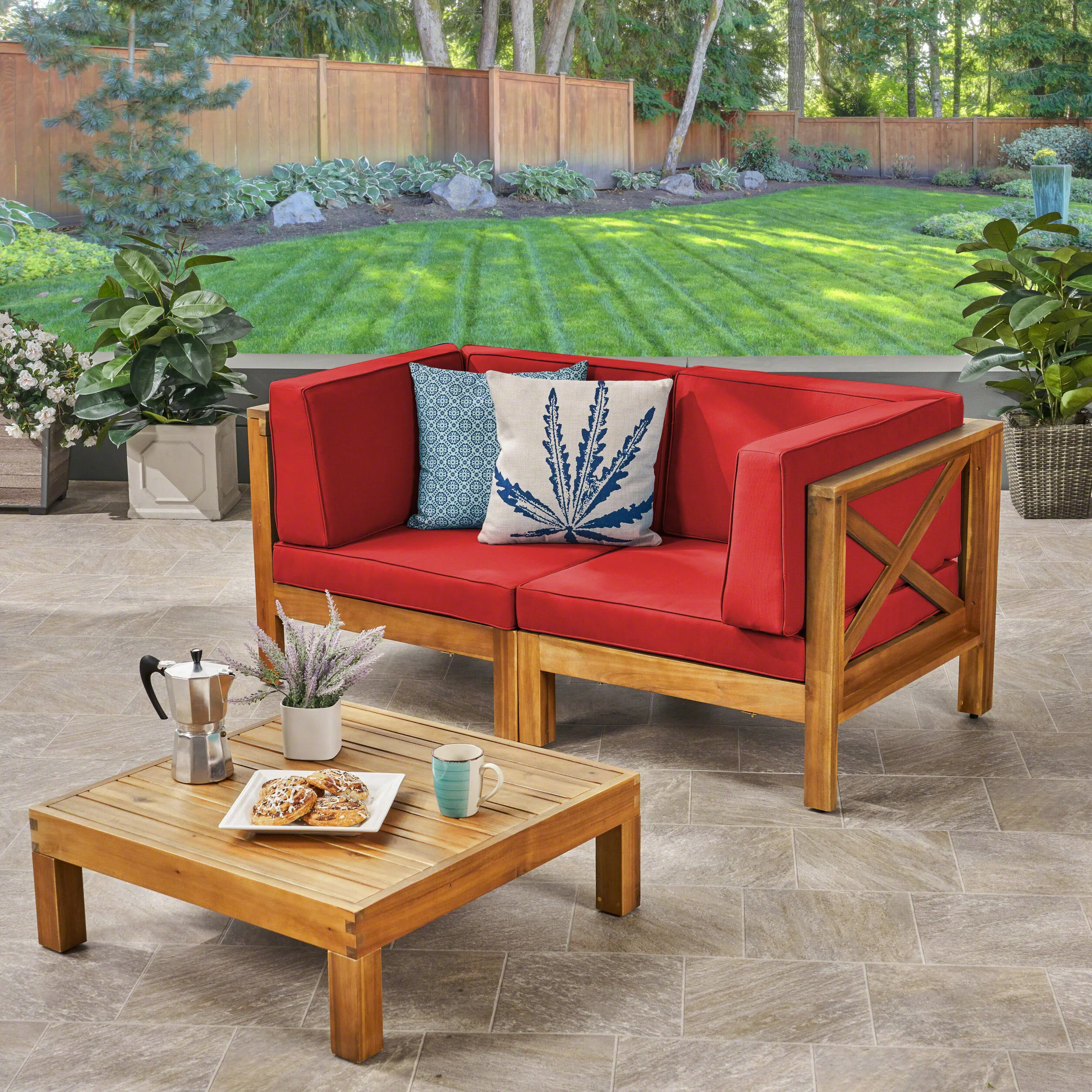 Brava Outdoor Modular Acacia Wood Sofa with Cushions and Coffee Table Set - furnishings