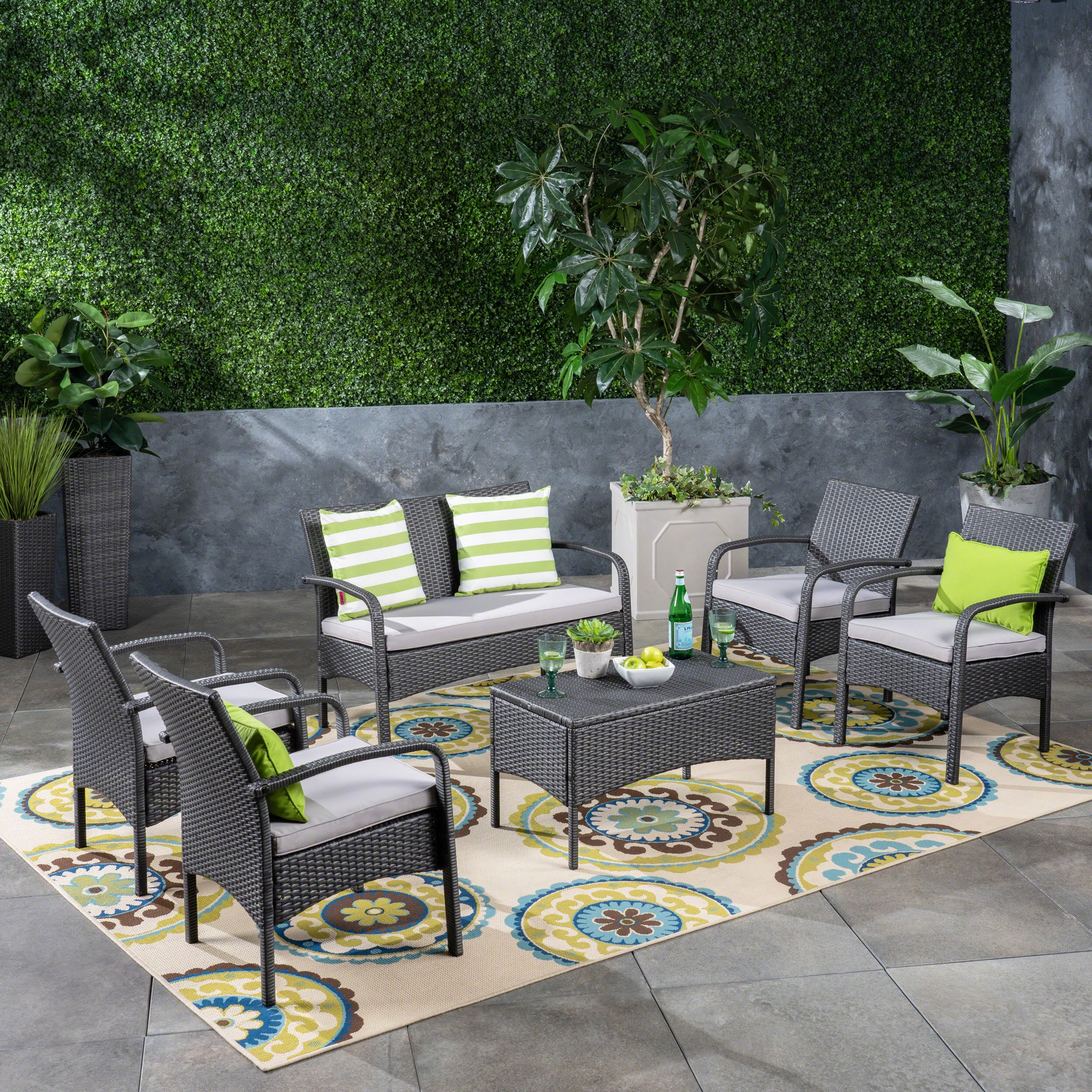Mavis Patio Conversation Set, 6-Seater with Loveseat, Club Chairs, and Coffee Table, Gray Wicker with Light Gray Outdoor Cushions - furnishings
